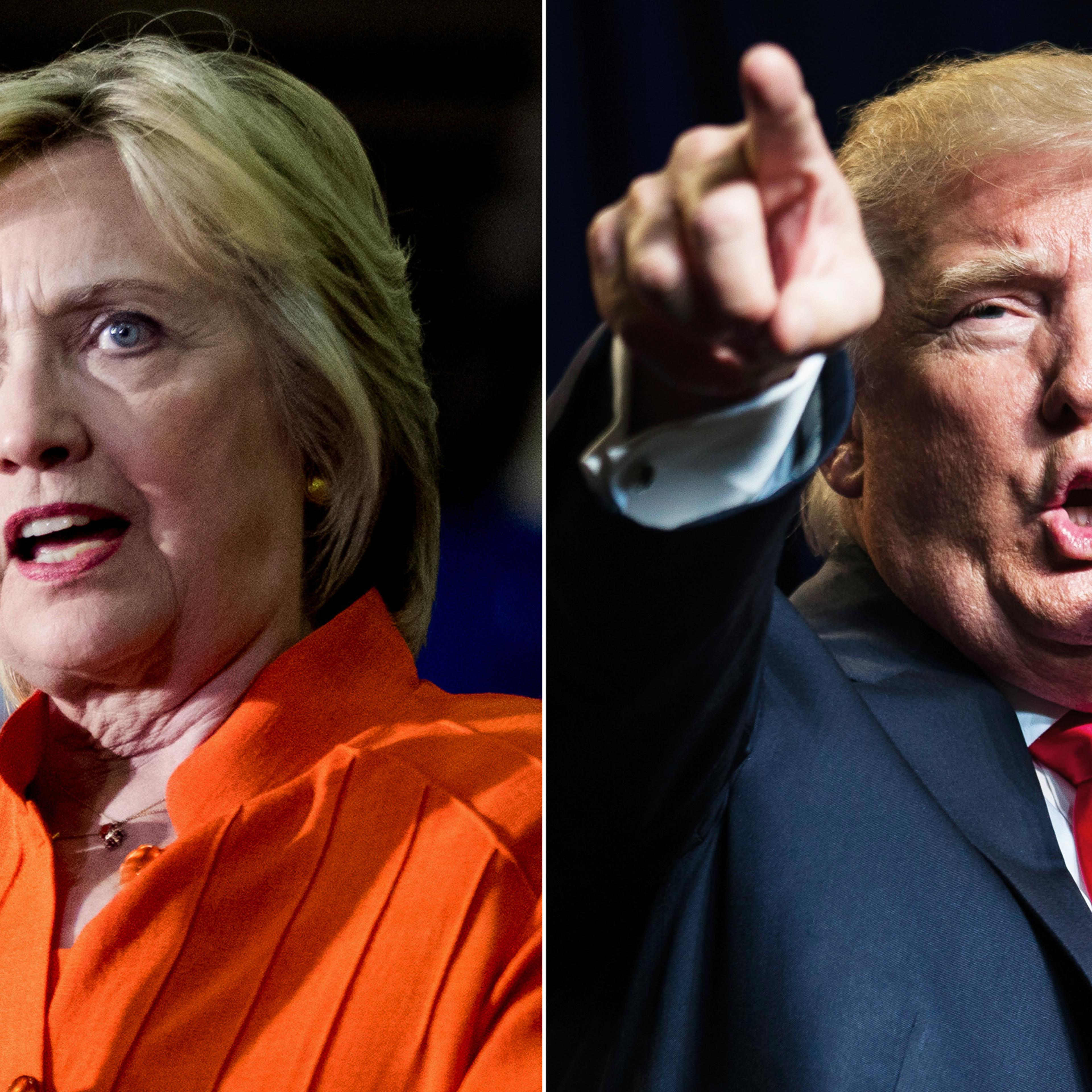 Hillary Clinton in St. Petersburg, FL, on Aug. 8, 2016 (L); Donald Trump in Green Bay, WI, on Aug. 5, 2016.