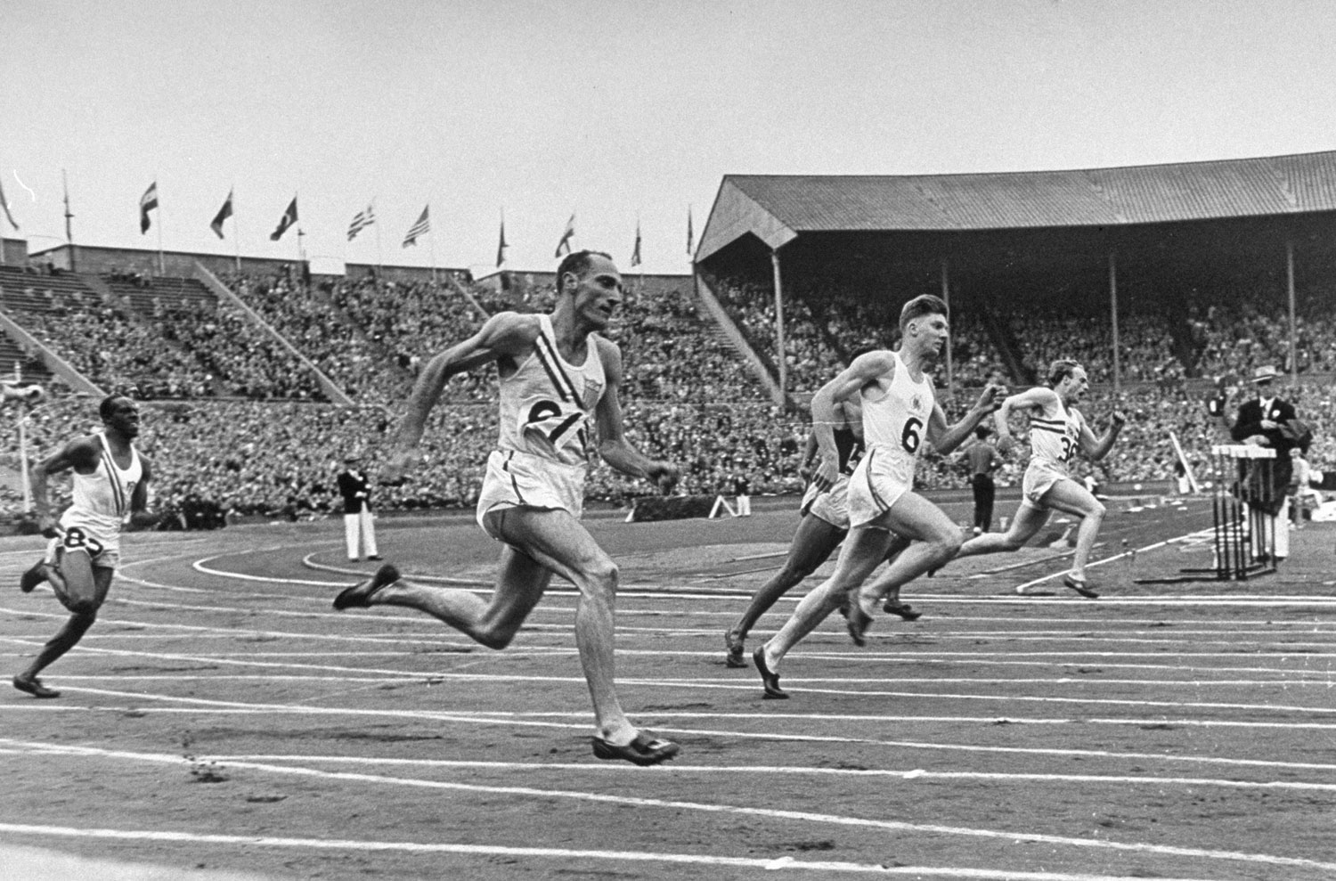 <strong>Not published in LIFE.</strong> Athletes compete in running event at Wembley Stadium, 1948 London Olympics.