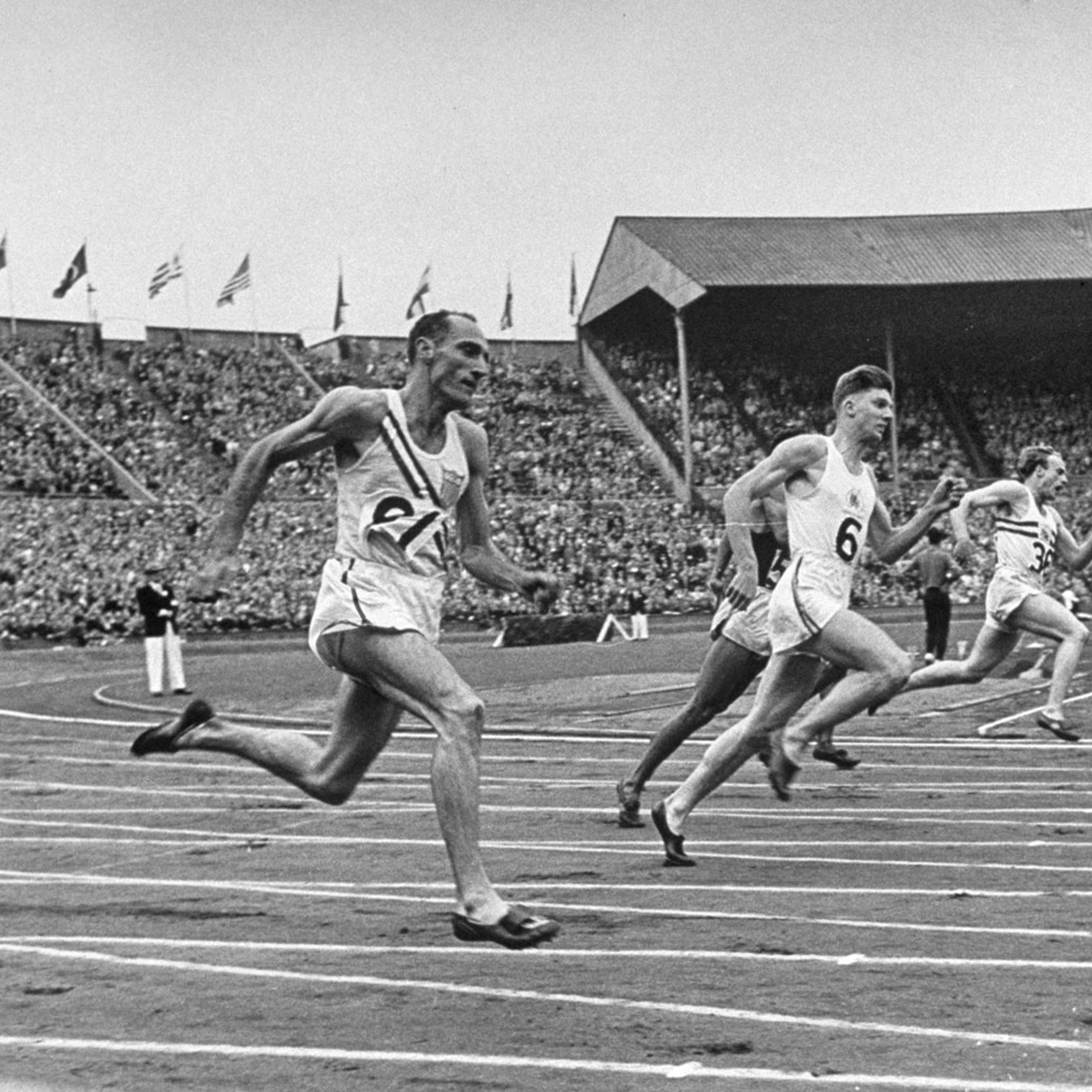 <strong>Not published in LIFE.</strong> Athletes compete in running event at Wembley Stadium, 1948 London Olympics.