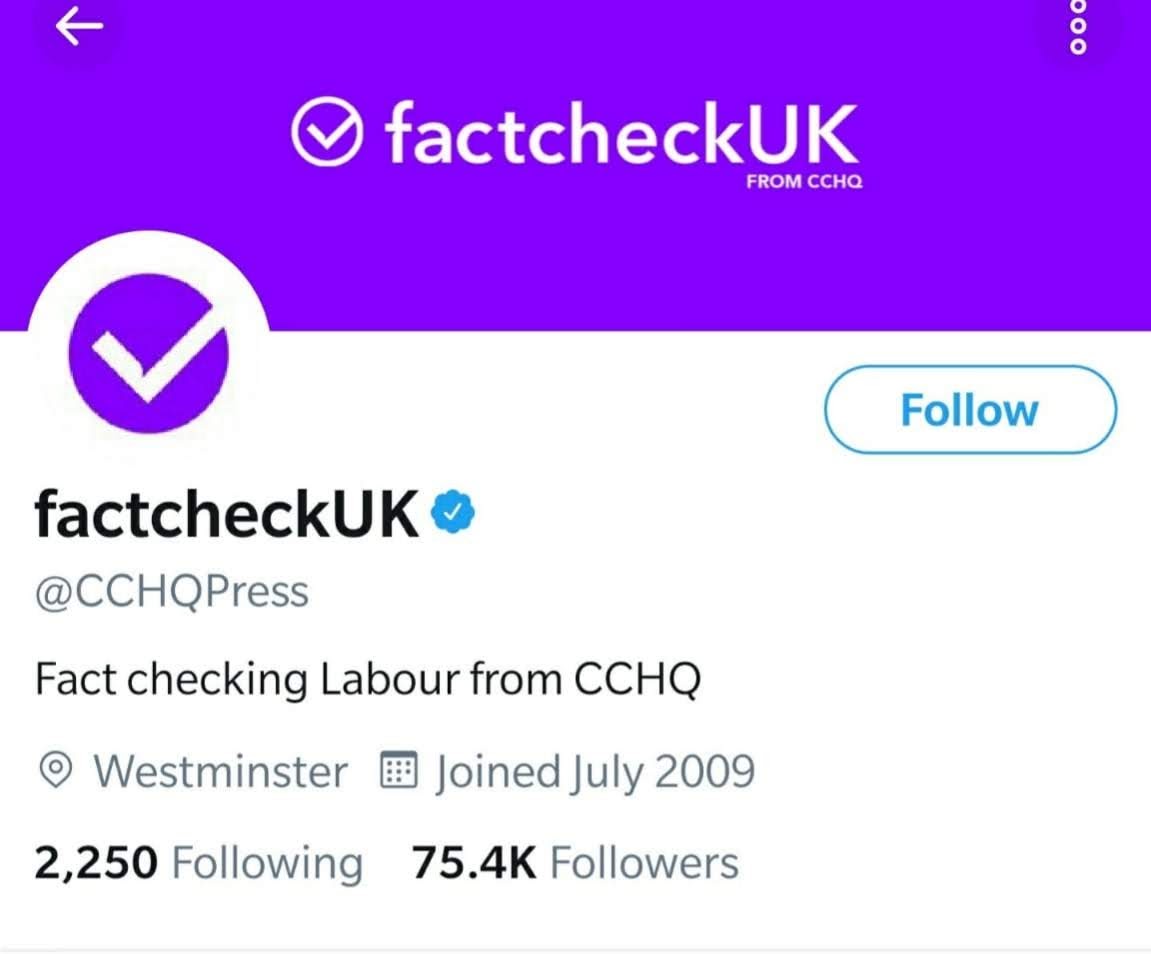 The @CCHQPress account, renamed "factcheckUK" during an election debate on Nov. 19, 2019