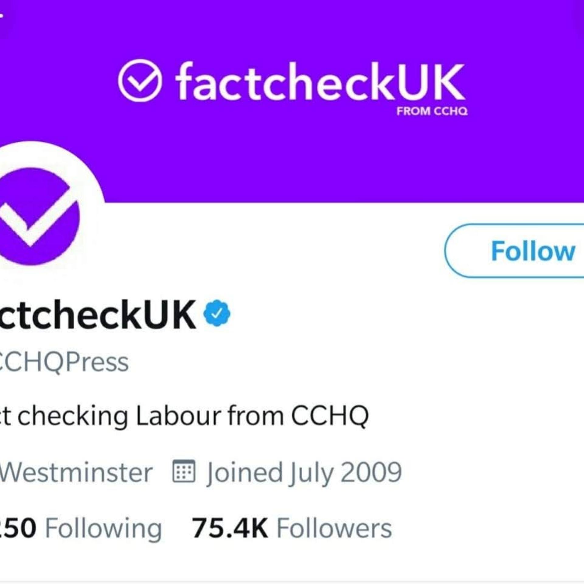 The @CCHQPress account, renamed "factcheckUK" during an election debate on Nov. 19, 2019