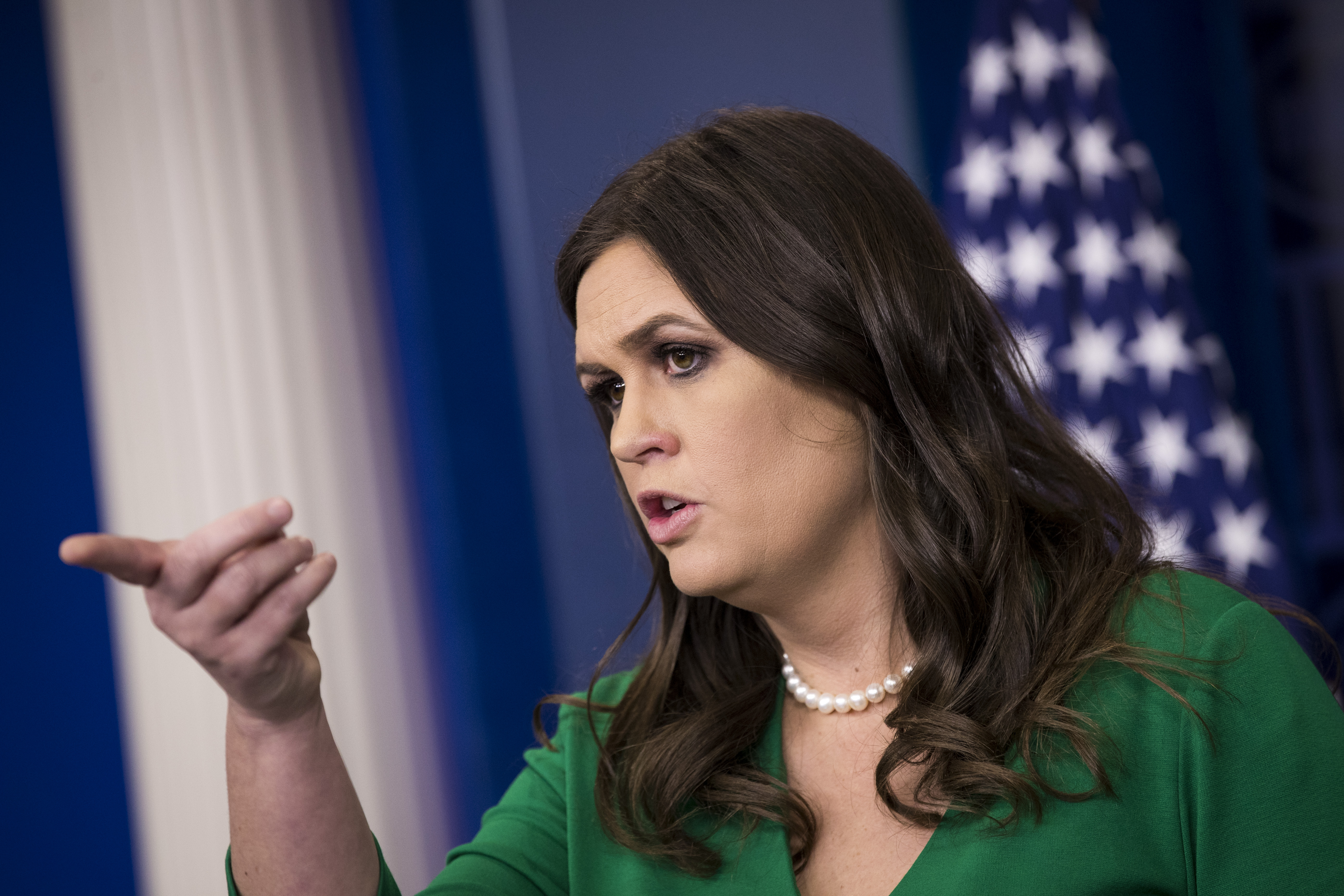 White House Press Secretary Sarah Huckabee Sanders takes questions during the daily press briefing at the White House, October 27, 2017 in Washington, DC.