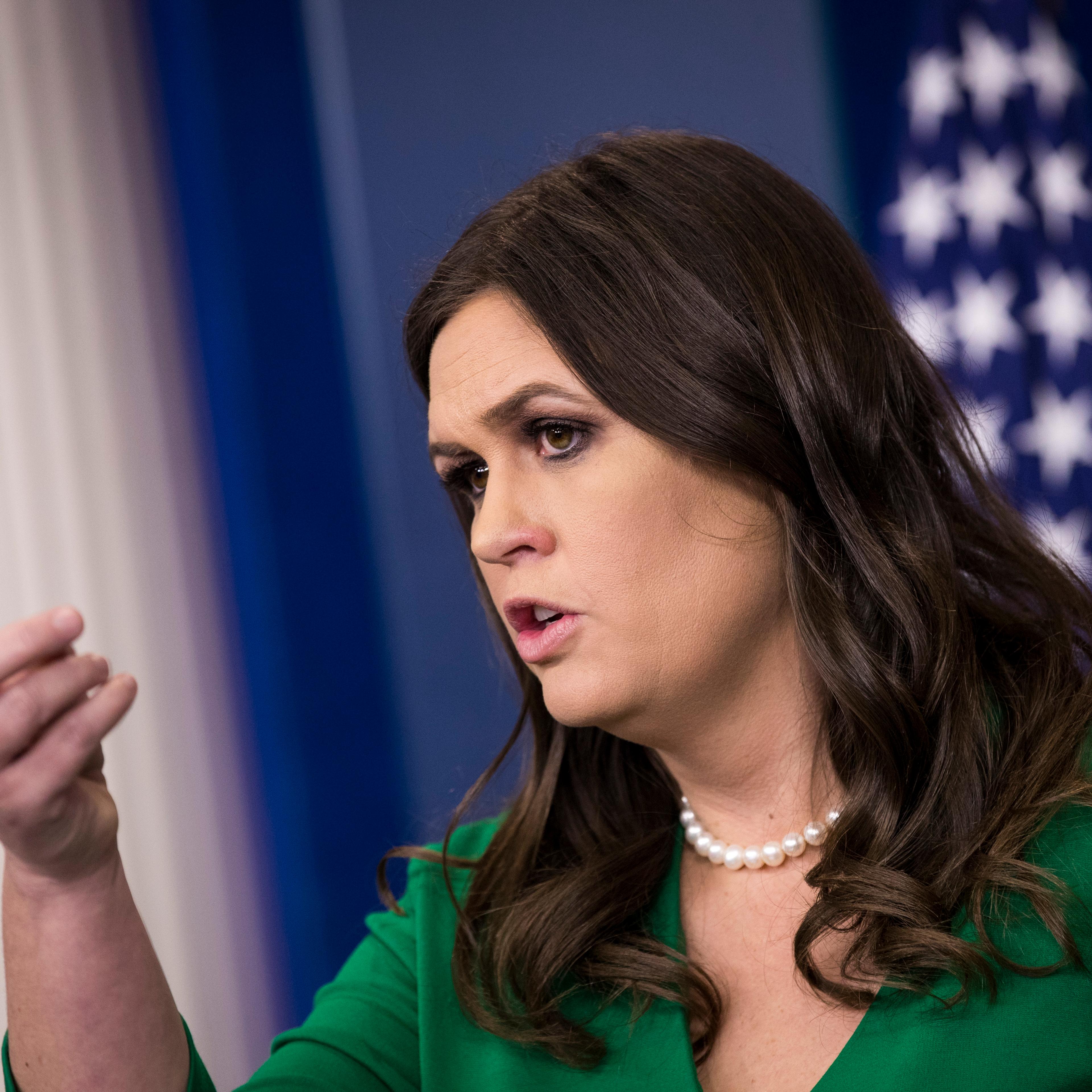 White House Press Secretary Sarah Huckabee Sanders takes questions during the daily press briefing at the White House, October 27, 2017 in Washington, DC.