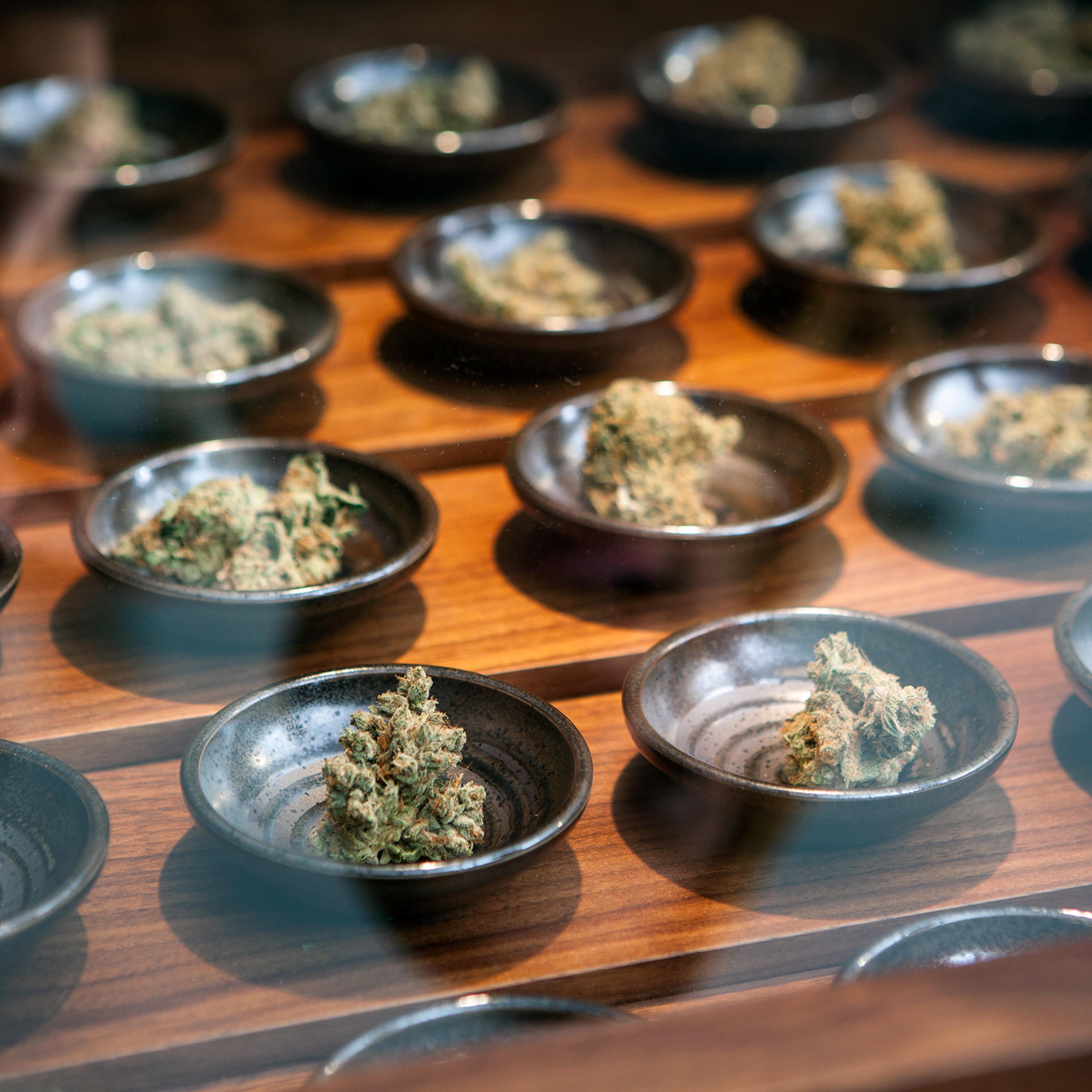 Product on display at a small business, a local marijuana dispensary, in Portland, Oregon.
