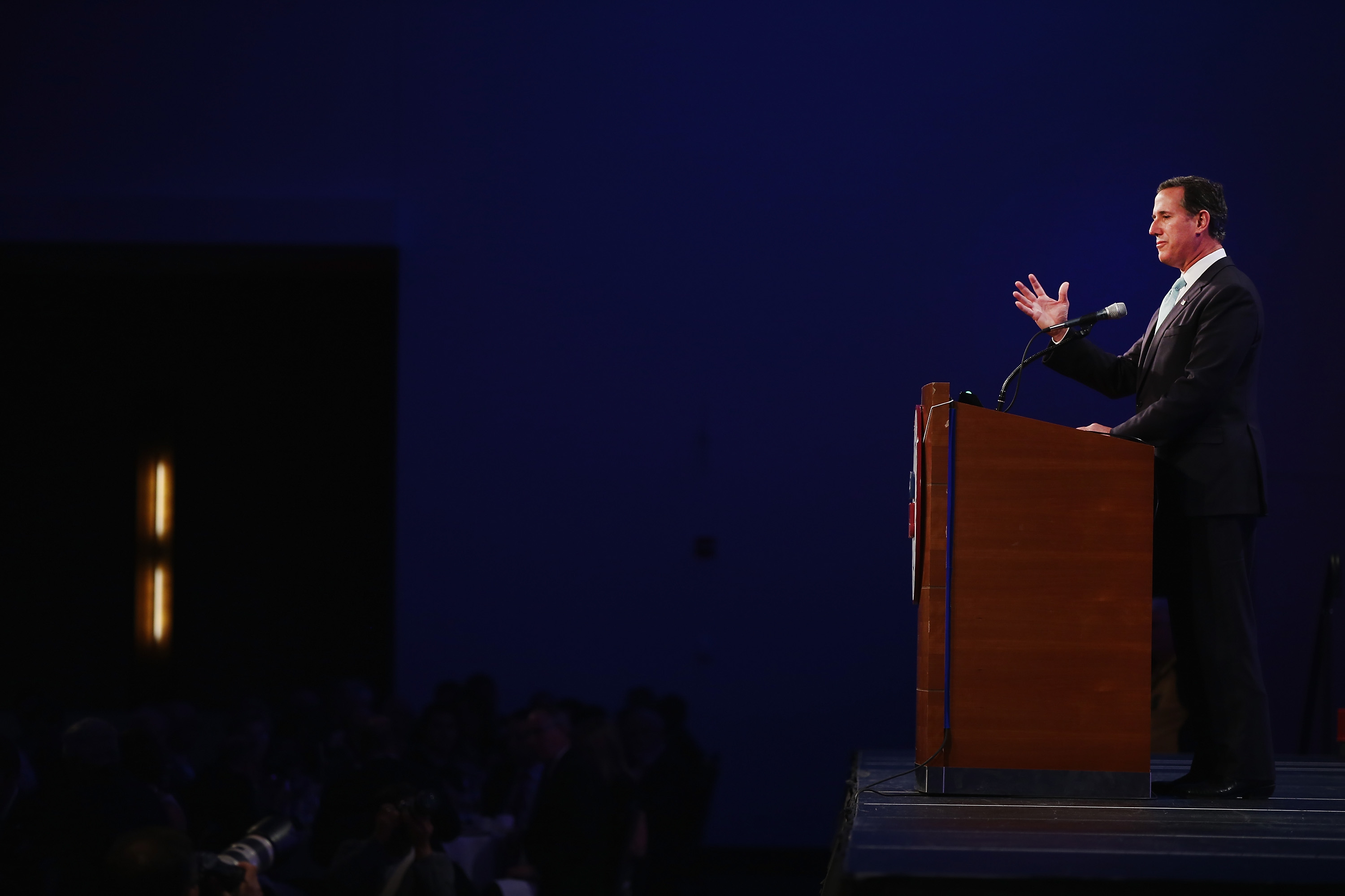 Former Pennsylvania Senator Rick Santorum speaks to guests gathered for the Republican Party of Iowa's Lincoln Dinner at the Iowa Events Center on May 16, 2015 in Des Moines, Iowa.