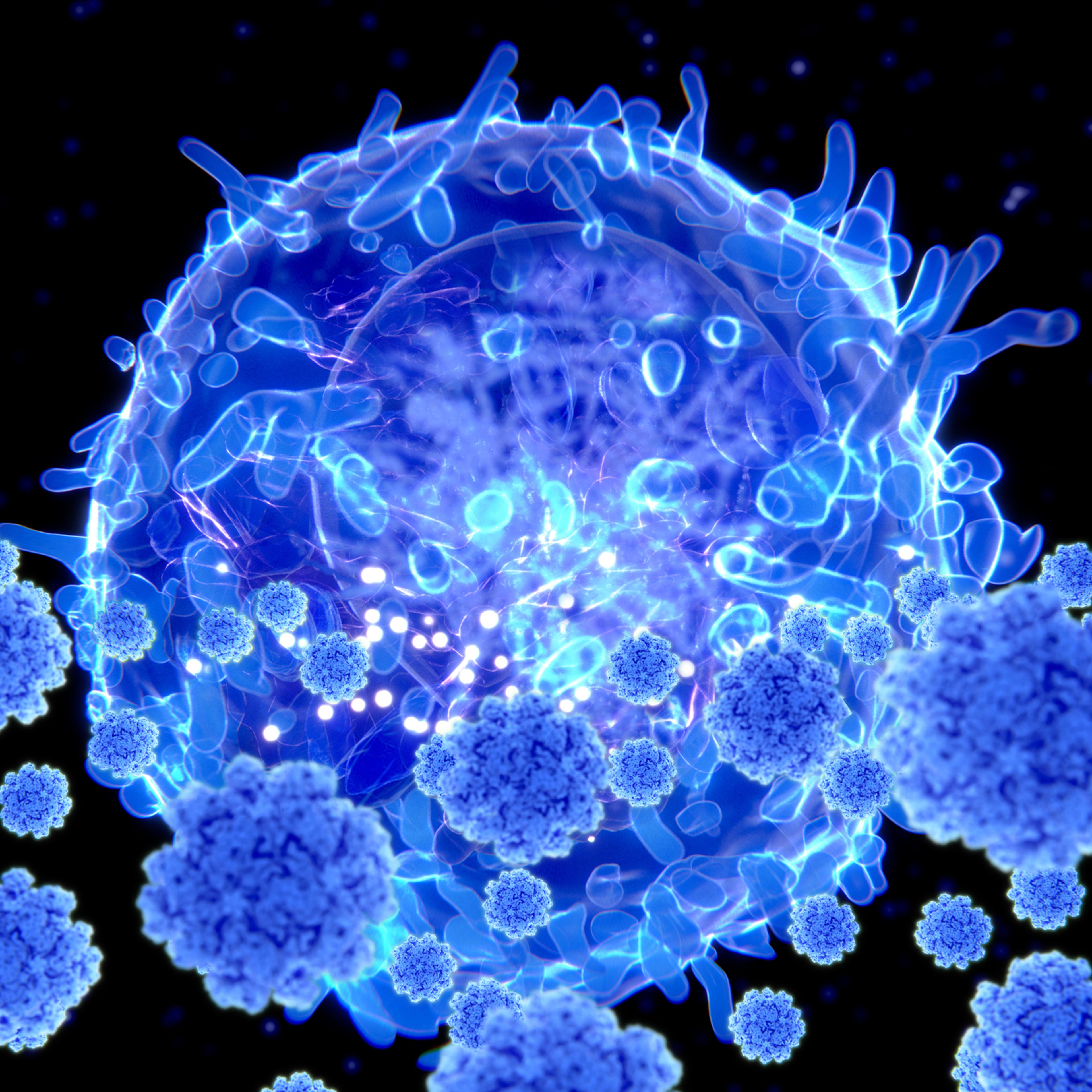 Illustration of a T cell targeting SARS-CoV-2 particles