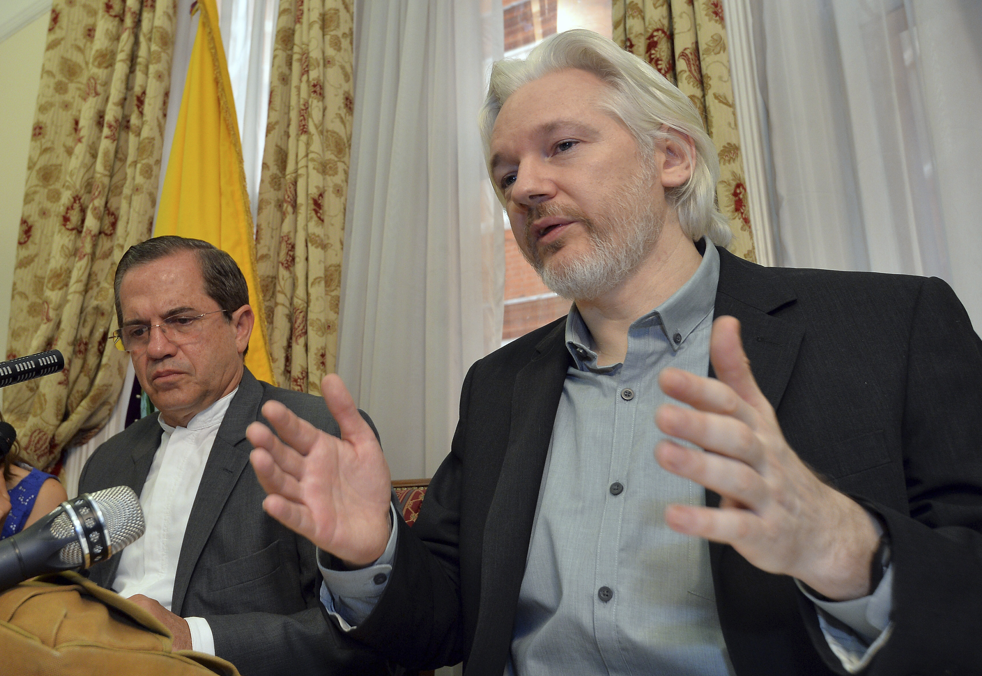 WikiLeaks founder Julian Assange speaks during a news conference at the Ecuadorian embassy in central London