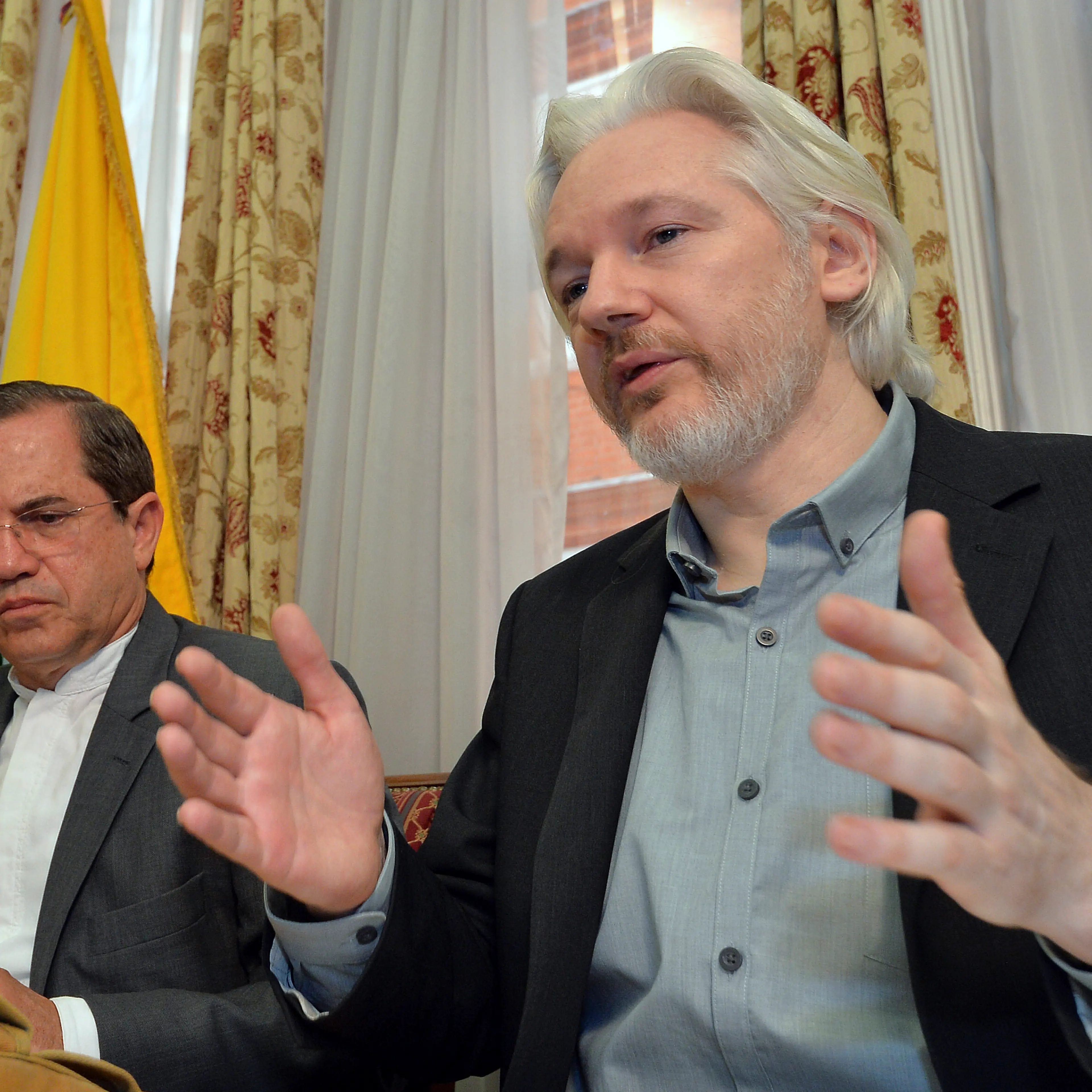 WikiLeaks founder Julian Assange speaks during a news conference at the Ecuadorian embassy in central London