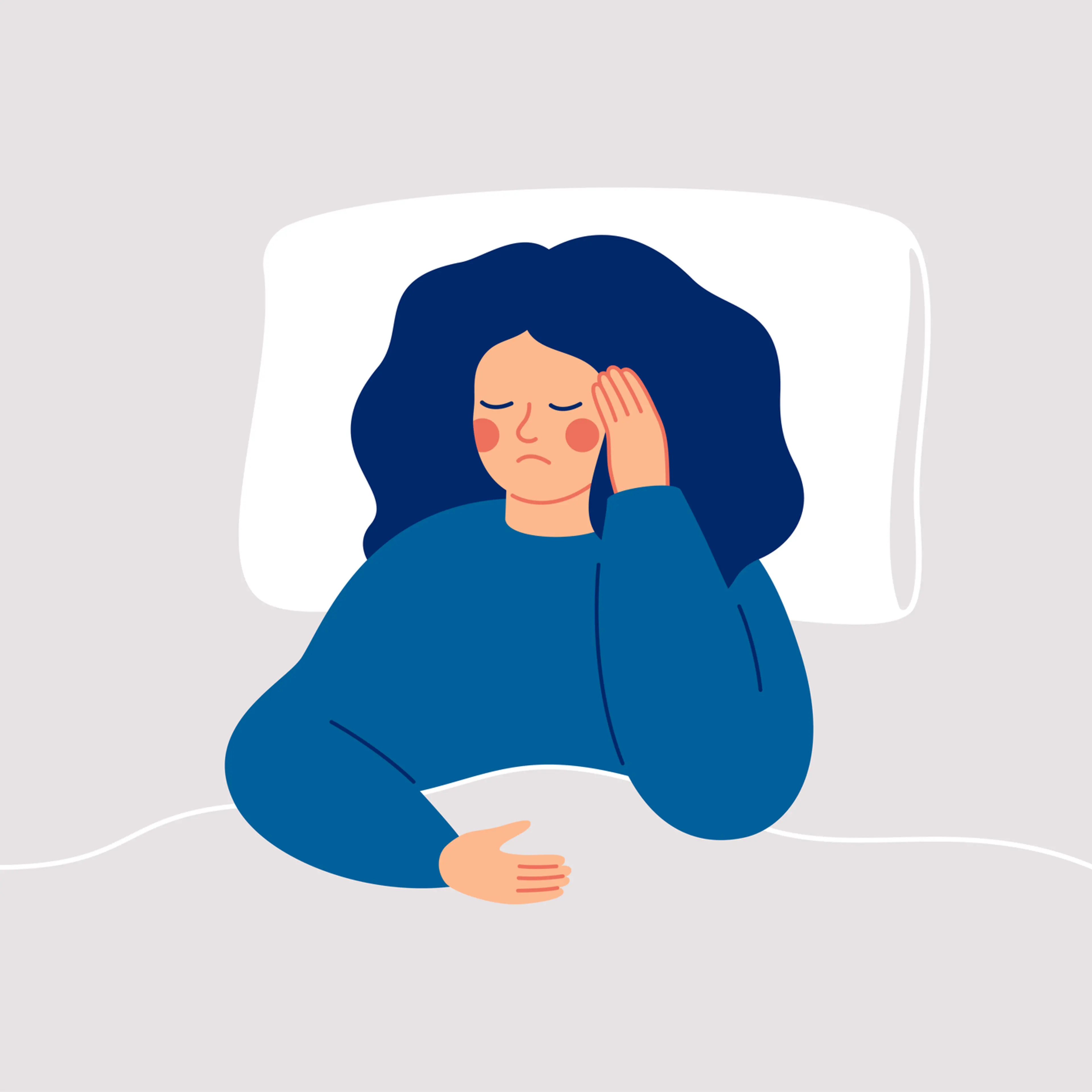An illustration of a tired-looking woman in bed.