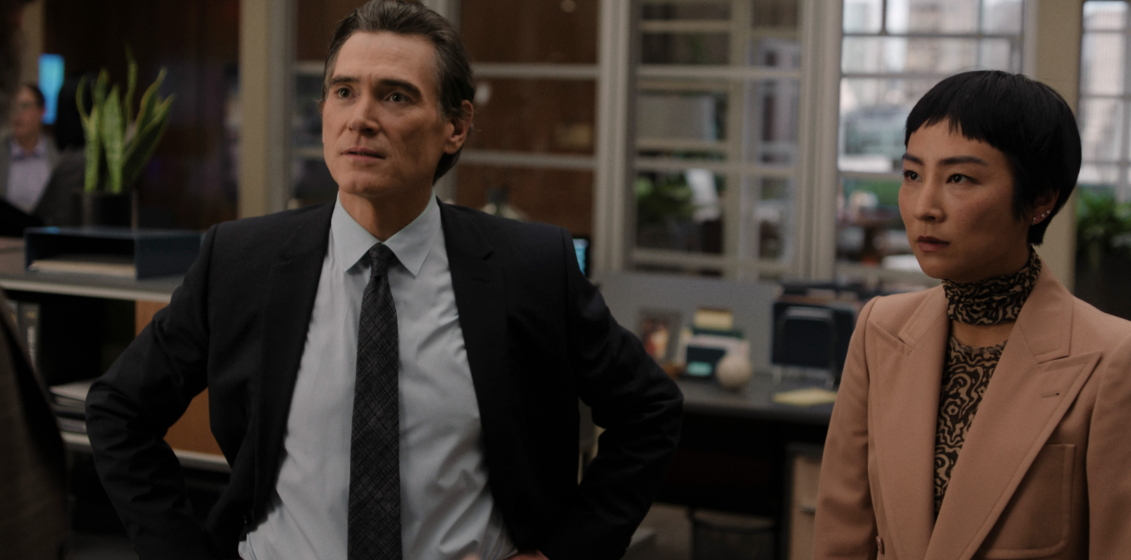 Billy Crudup and Greta Lee in <i>The Morning Show</i> season 3
