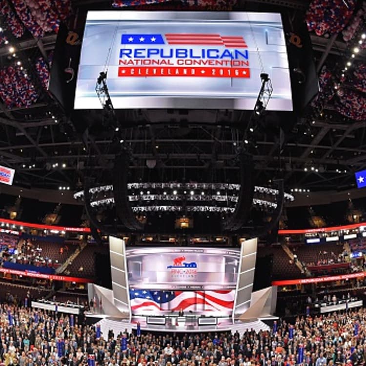 Delegates pose for an official convention photograph on the opening day of the Republican National Convention at the Quicken Loans arena in Cleveland, Ohio on July 18, 2016.