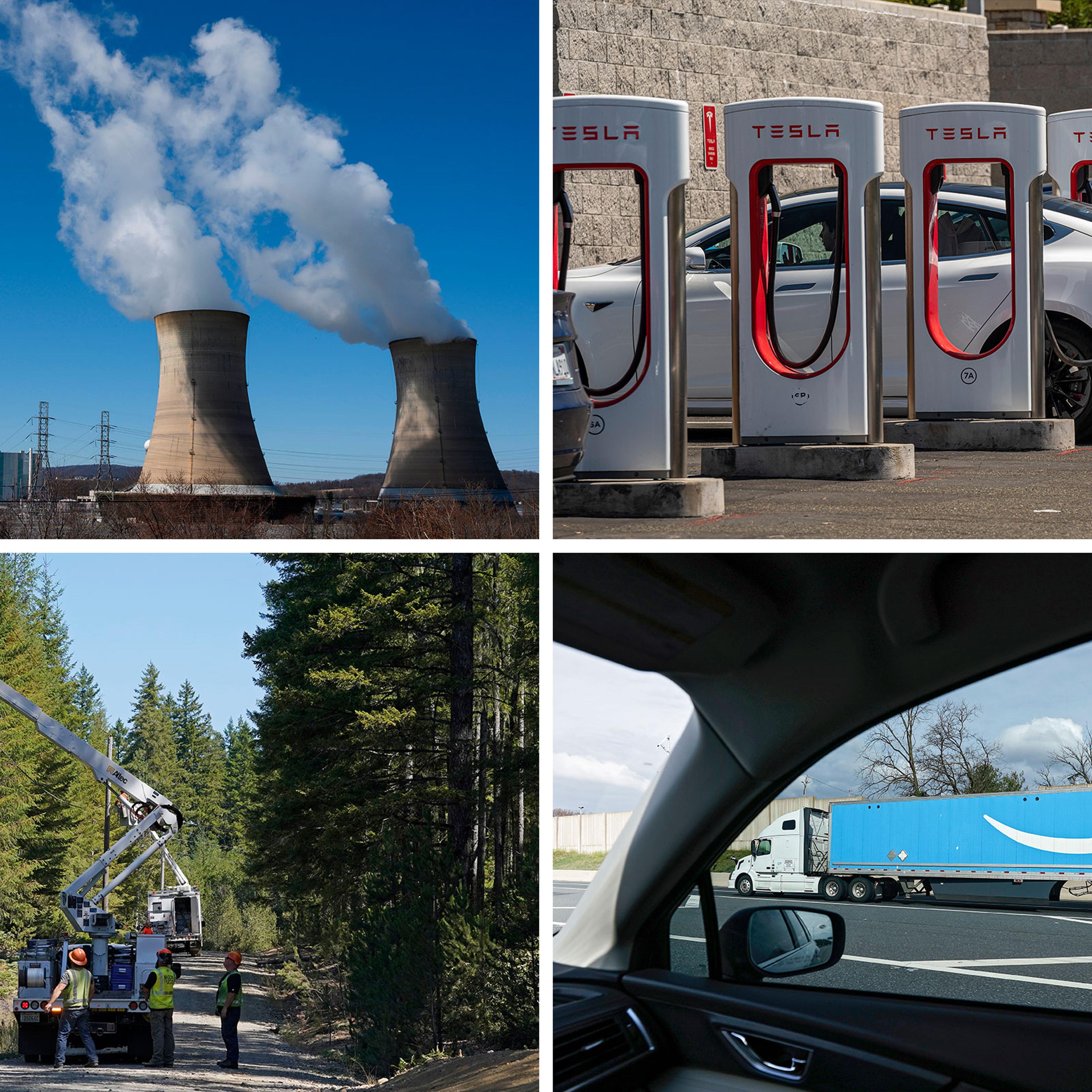 Operational nuclear plant run by Exelon Generation in Middletown, Pa.; Tesla vehicles at charging stations in Rocklin, Calif.; An Amazon tractor-trailer in Baltimore, Md.; Workers install fiber optic cable near Belfair, Wash.