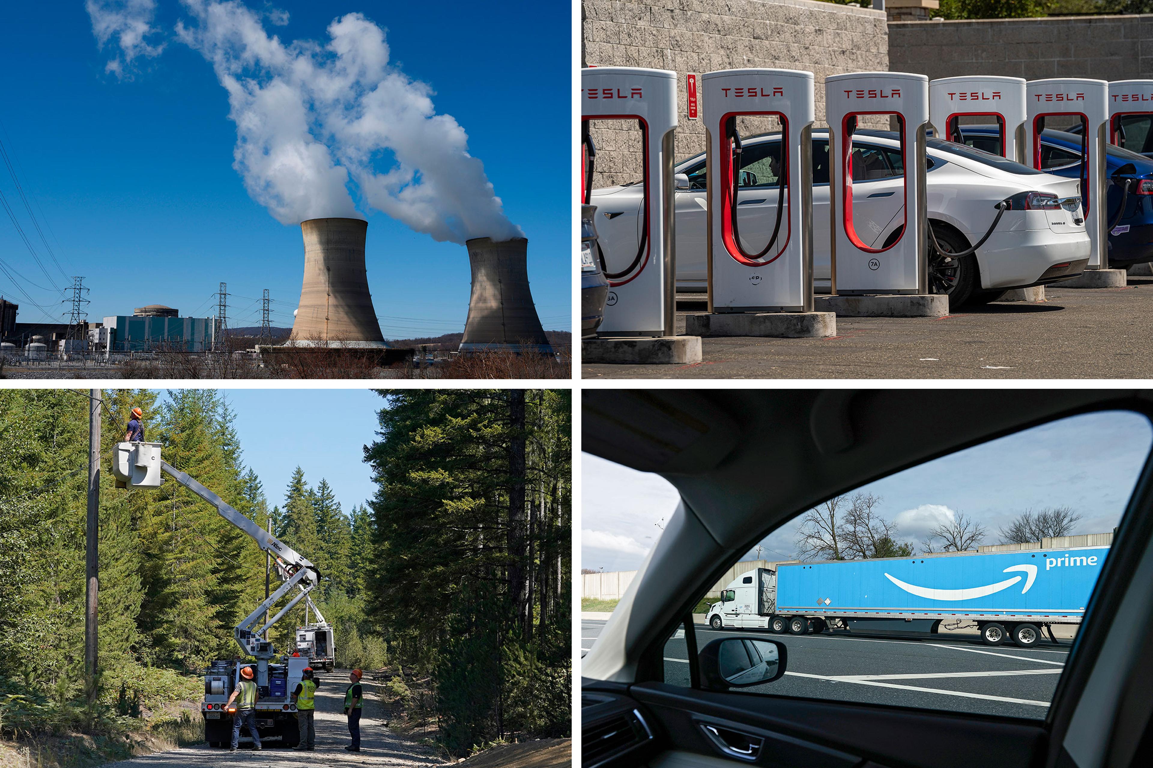 Operational nuclear plant run by Exelon Generation in Middletown, Pa.; Tesla vehicles at charging stations in Rocklin, Calif.; An Amazon tractor-trailer in Baltimore, Md.; Workers install fiber optic cable near Belfair, Wash.