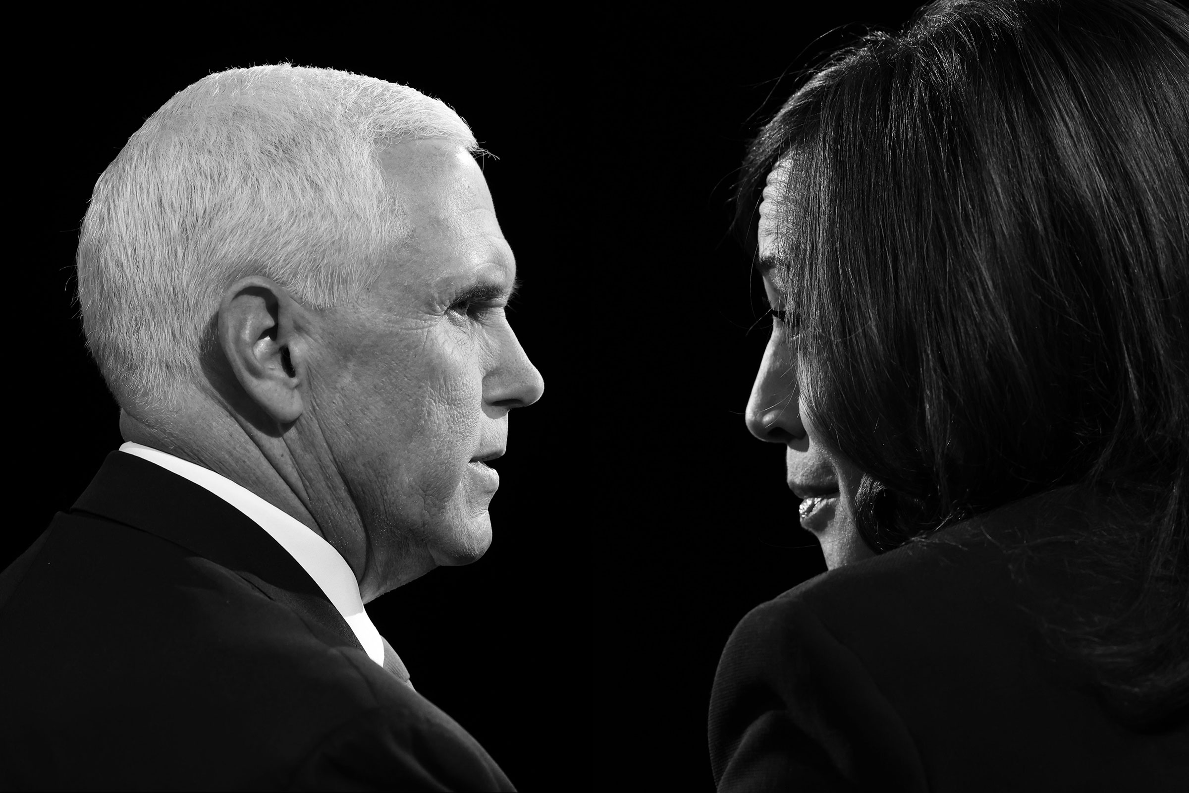 A photo-illustration shows Vice President Mike Pence and Democratic vice presidential nominee Senator Kamala Harris speak during the vice presidential debate on Oct. 7, 2020, in Salt Lake City, Utah.
