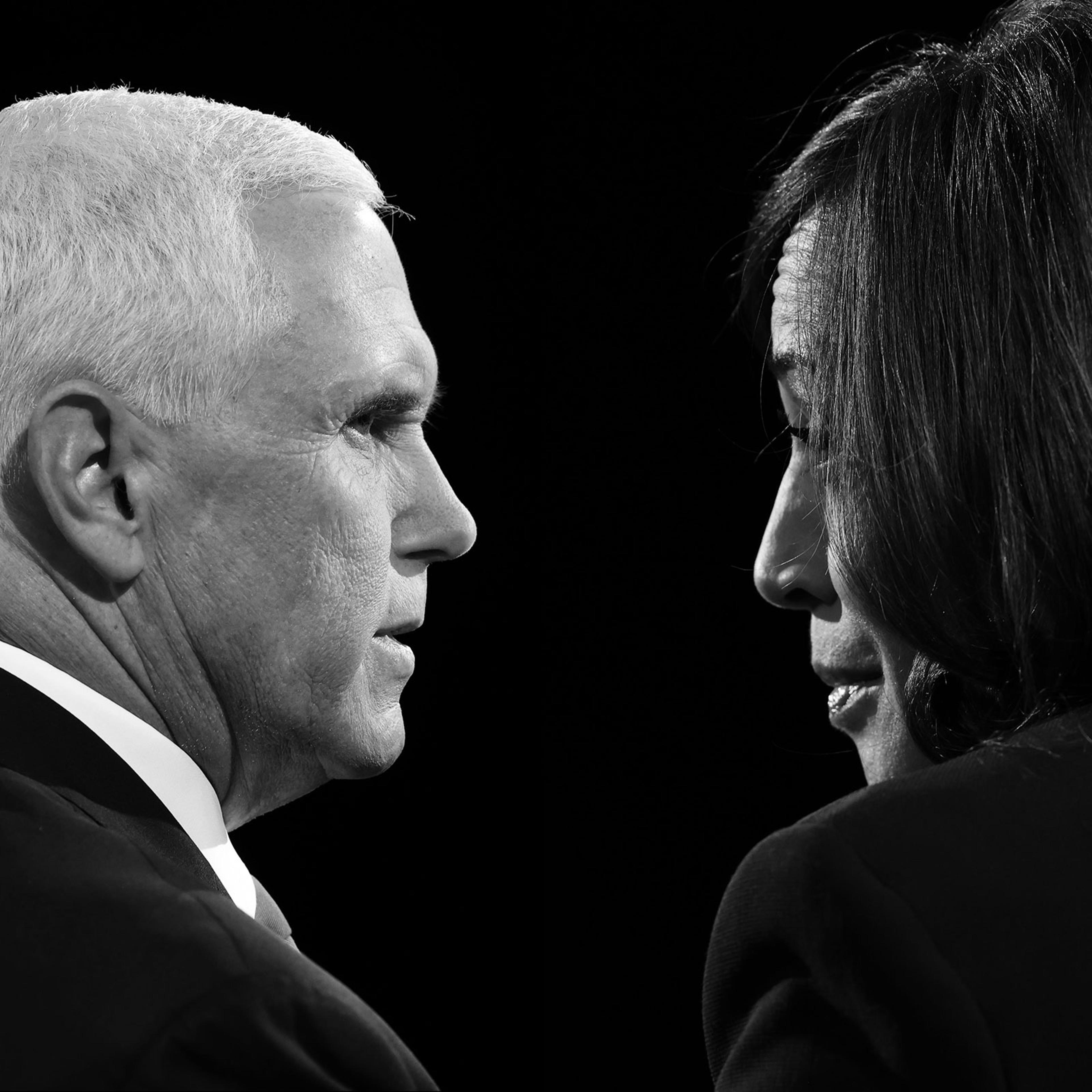 A photo-illustration shows Vice President Mike Pence and Democratic vice presidential nominee Senator Kamala Harris speak during the vice presidential debate on Oct. 7, 2020, in Salt Lake City, Utah.