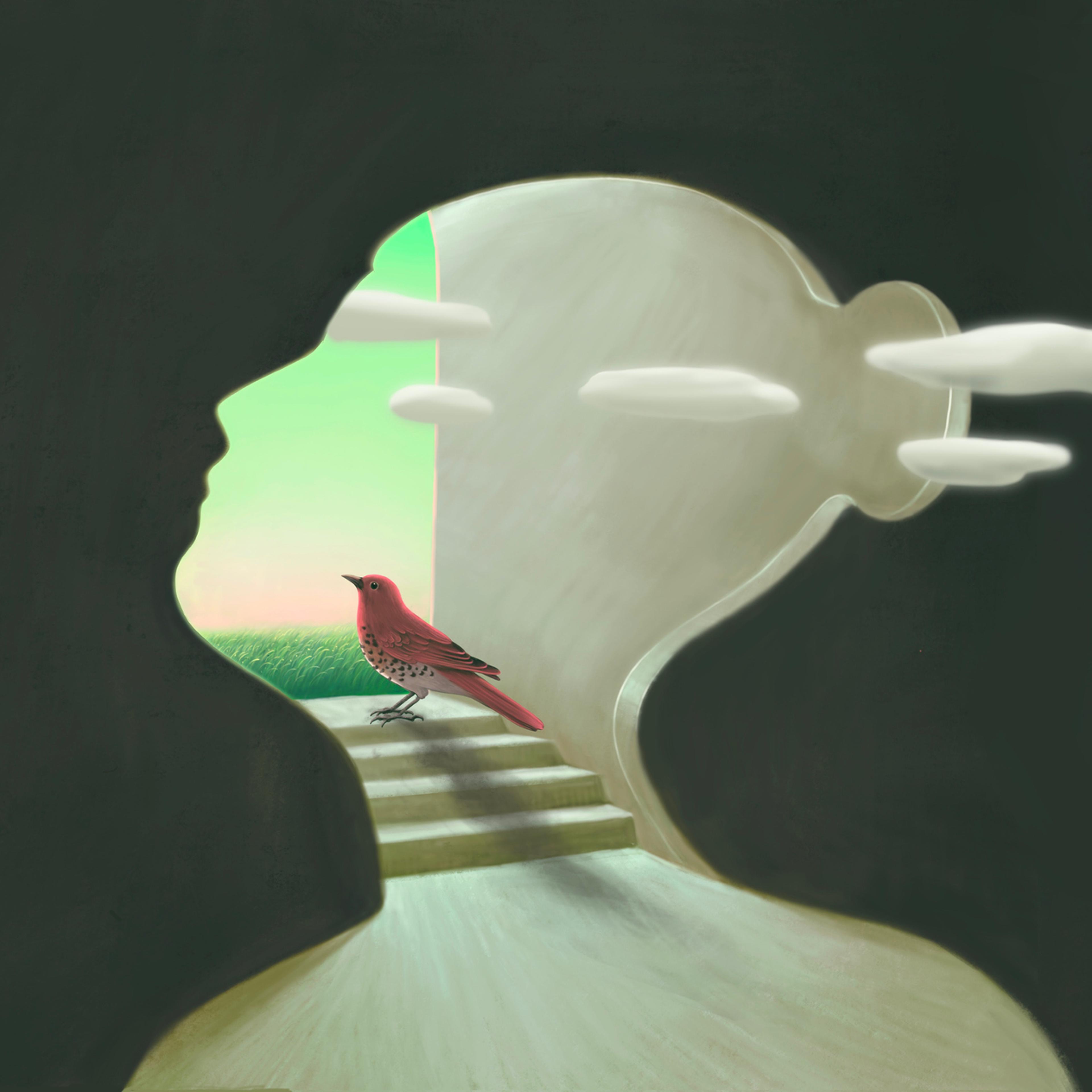 Conceptual illustration, Bird looking at the sky in woman head, imagination hope dream and ambition concept art, painting artwork, surreal portrait