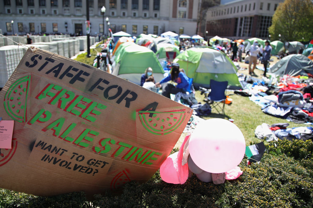 Students and activists gather at a protest encampment on the campus of Columbia University in New York City on April 25, 2024. 