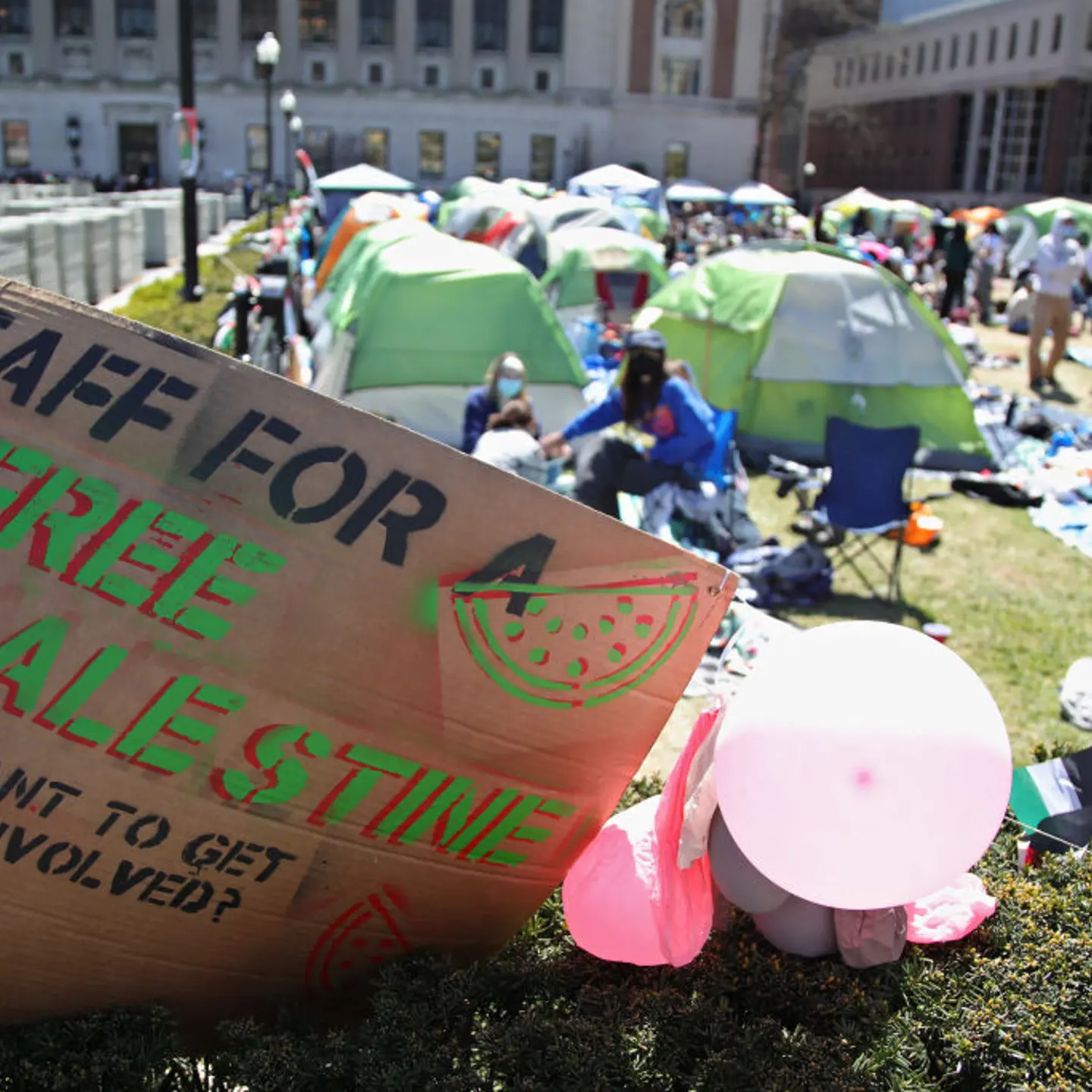 Students and activists gather at a protest encampment on the campus of Columbia University in New York City on April 25, 2024.