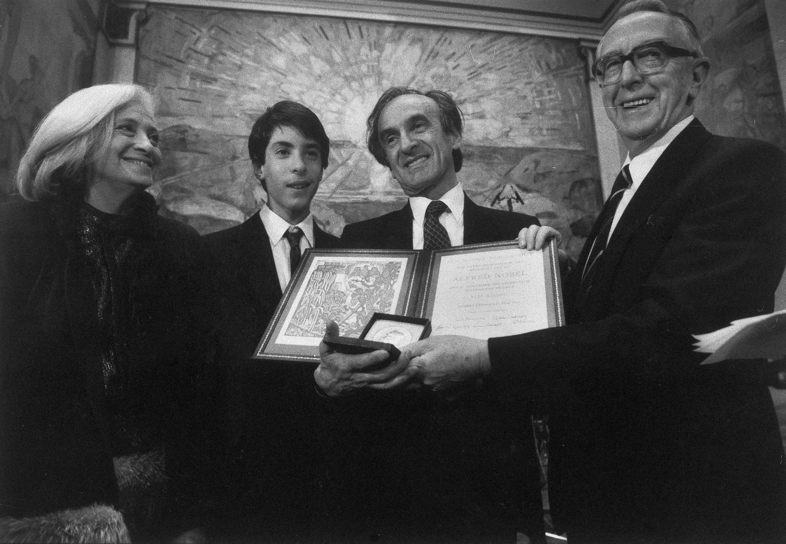 Chairman of the Nobel Peace Prize Committee Egil Aarvik, right, with Peace Prize winner Elie Wiesel, his wife Marion and son Elisha after Wiesel received the award, Dec. 10, 1986.