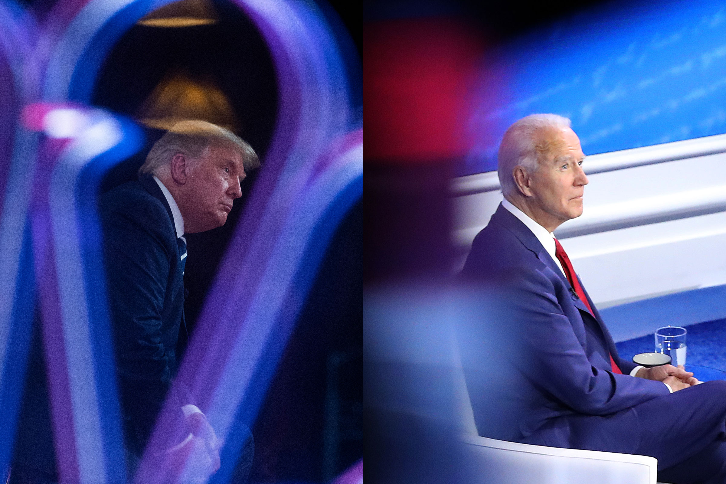 A split image of President Donald Trump speaks during an NBC News Town Hall; Democratic presidential nominee Joe Biden participates in a Town Hall format meeting with ABC News