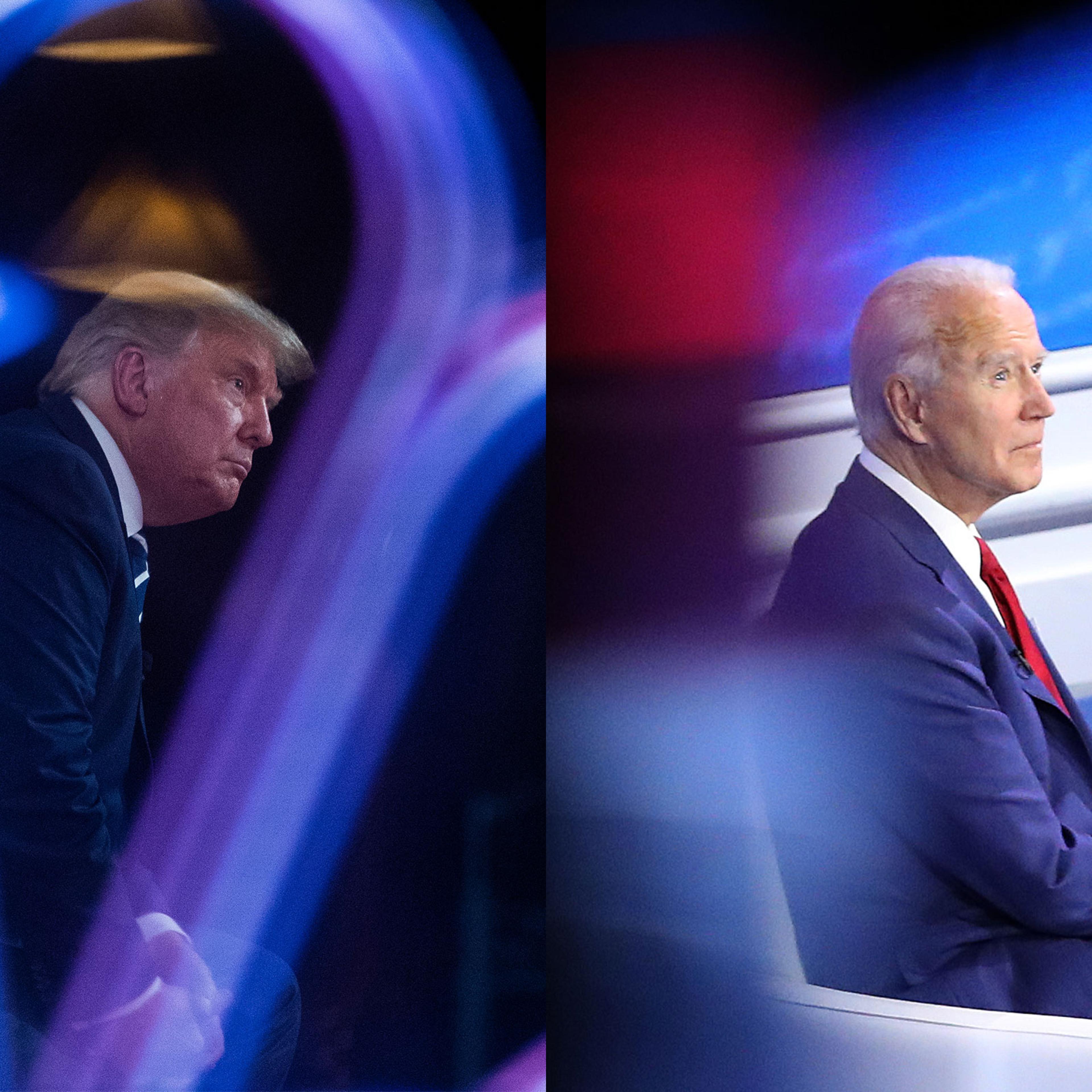 A split image of President Donald Trump speaks during an NBC News Town Hall; Democratic presidential nominee Joe Biden participates in a Town Hall format meeting with ABC News