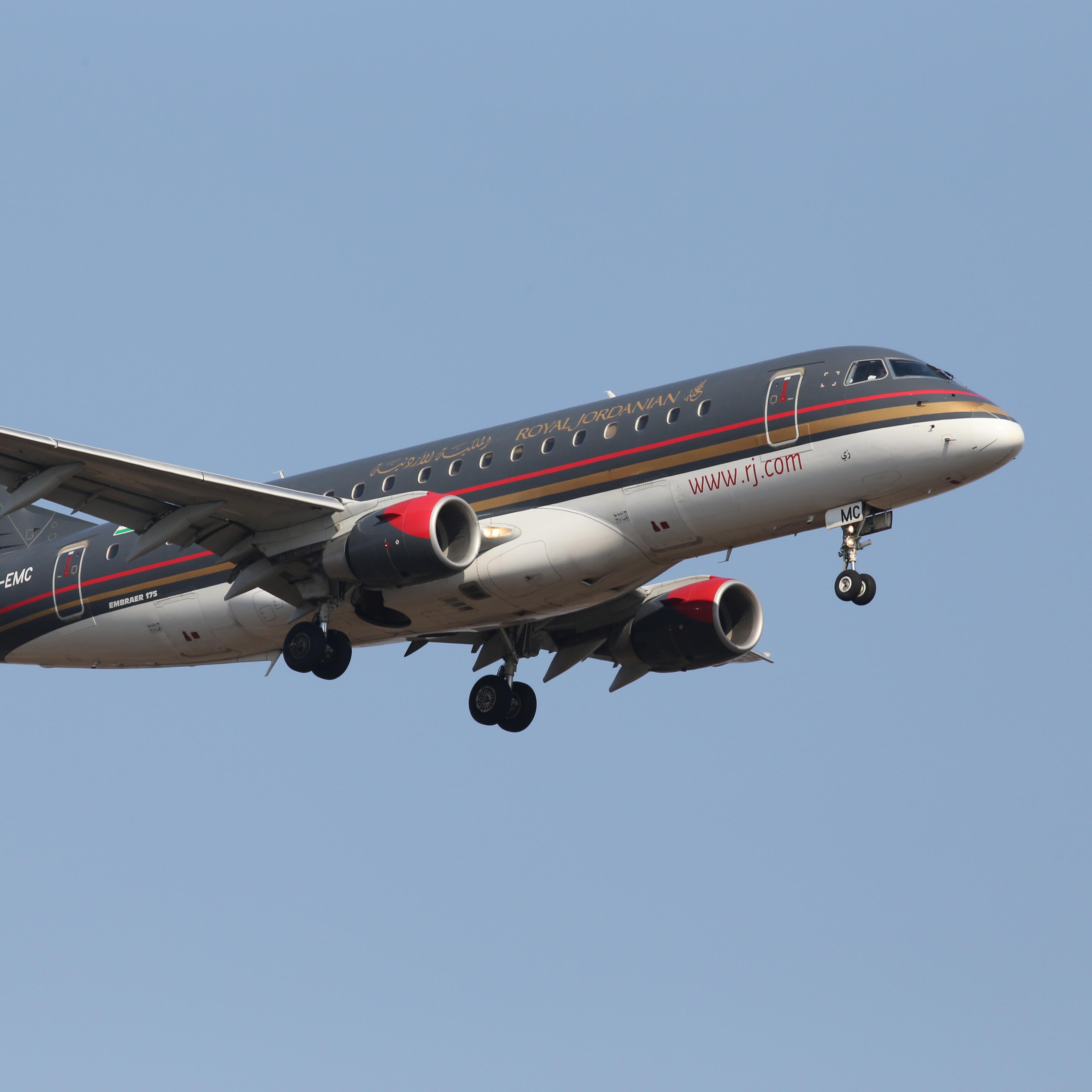 Royal Jordanian Embraer ERJ-175LR aircraft on the blue sky background