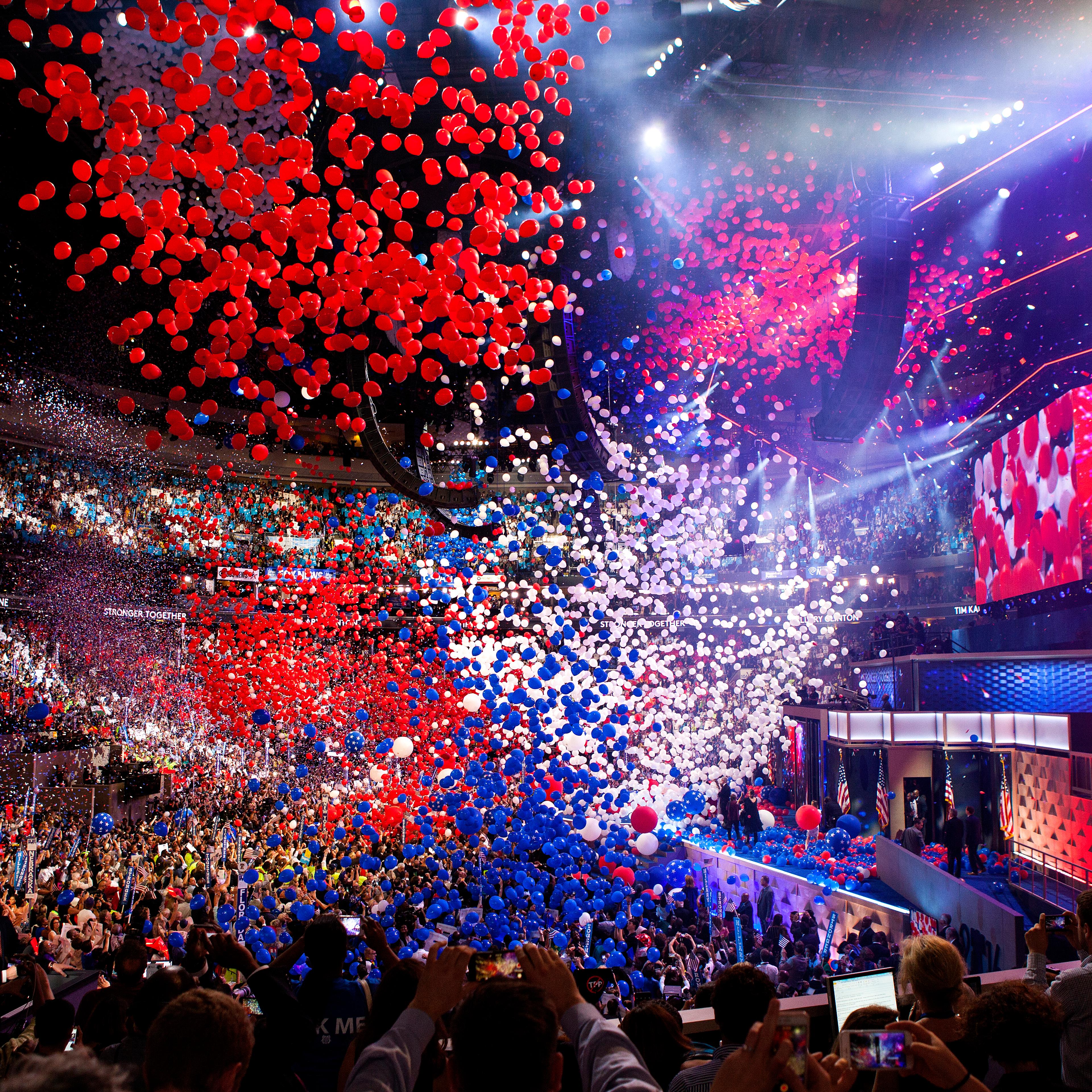 Balloons drop at the conclusion of the Democratic National Convention in Philadelphia on July 28, 2016.
