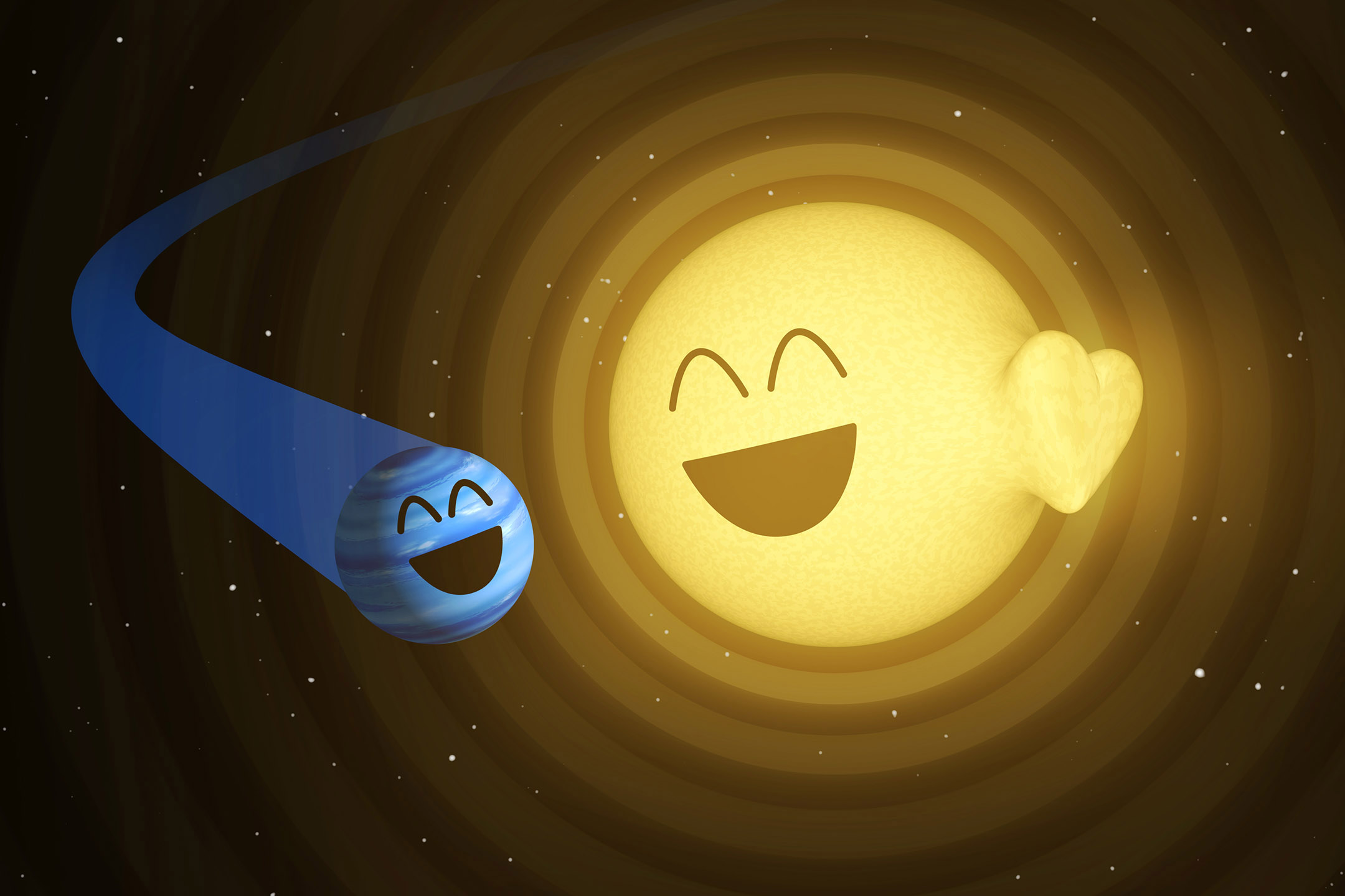 An illustration produced by NASA that shows HAT-P-2b, left, and how it appears to cause heartbeat-like pulsations in its host star, HAT-P-2.