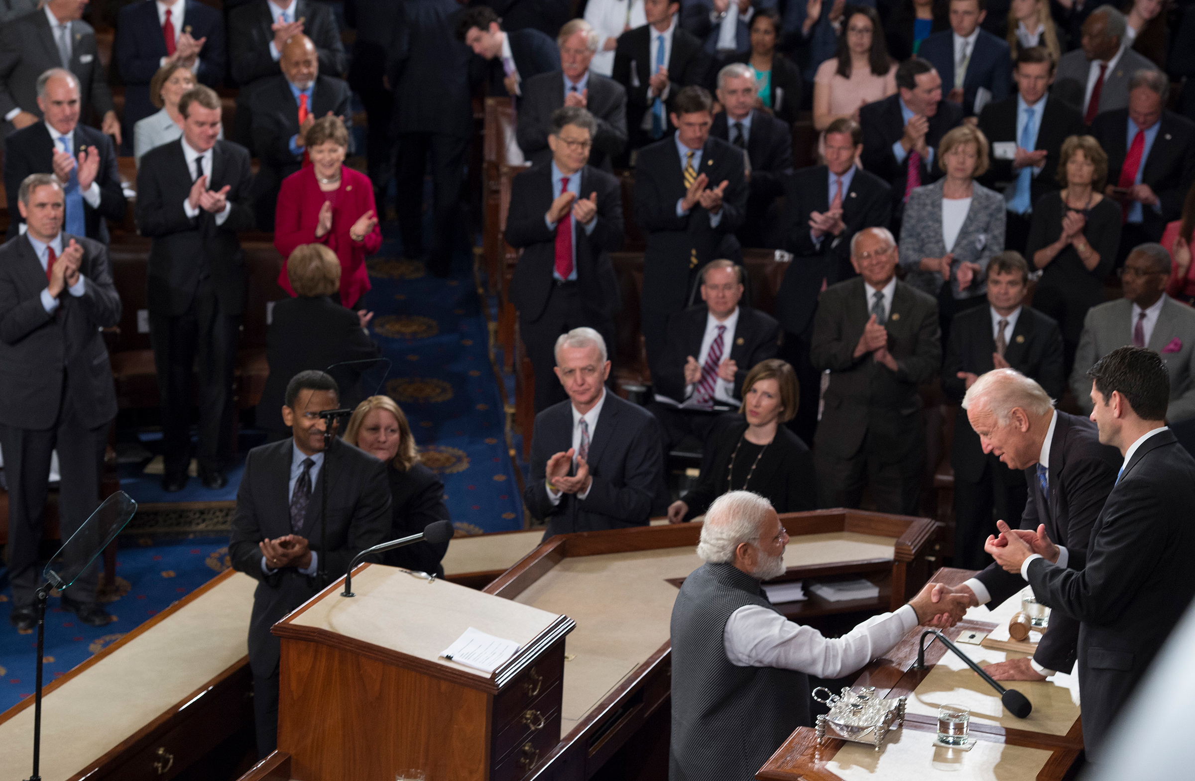 Indian Prime Minister Narendra Modi shakes Vice President Joe Biden's hand after addressing a joint session of Congress on Capitol Hill on June 8, 2016.