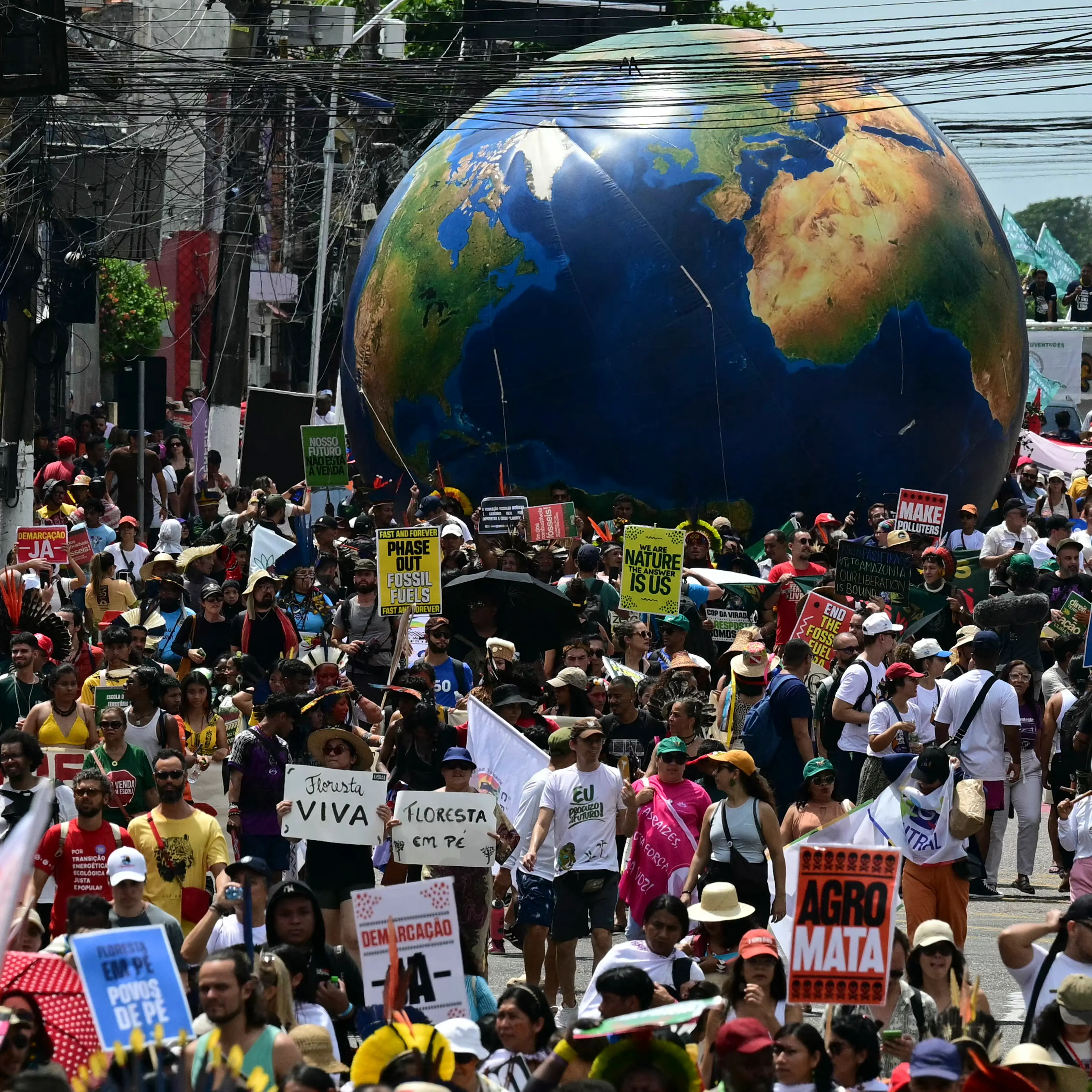 Thousands of people take part in the so-called "Great People's March" in the sidelines of the COP30 UN Climate Change Conference in Belem, Para State, Brazil on November 15, 2025.
