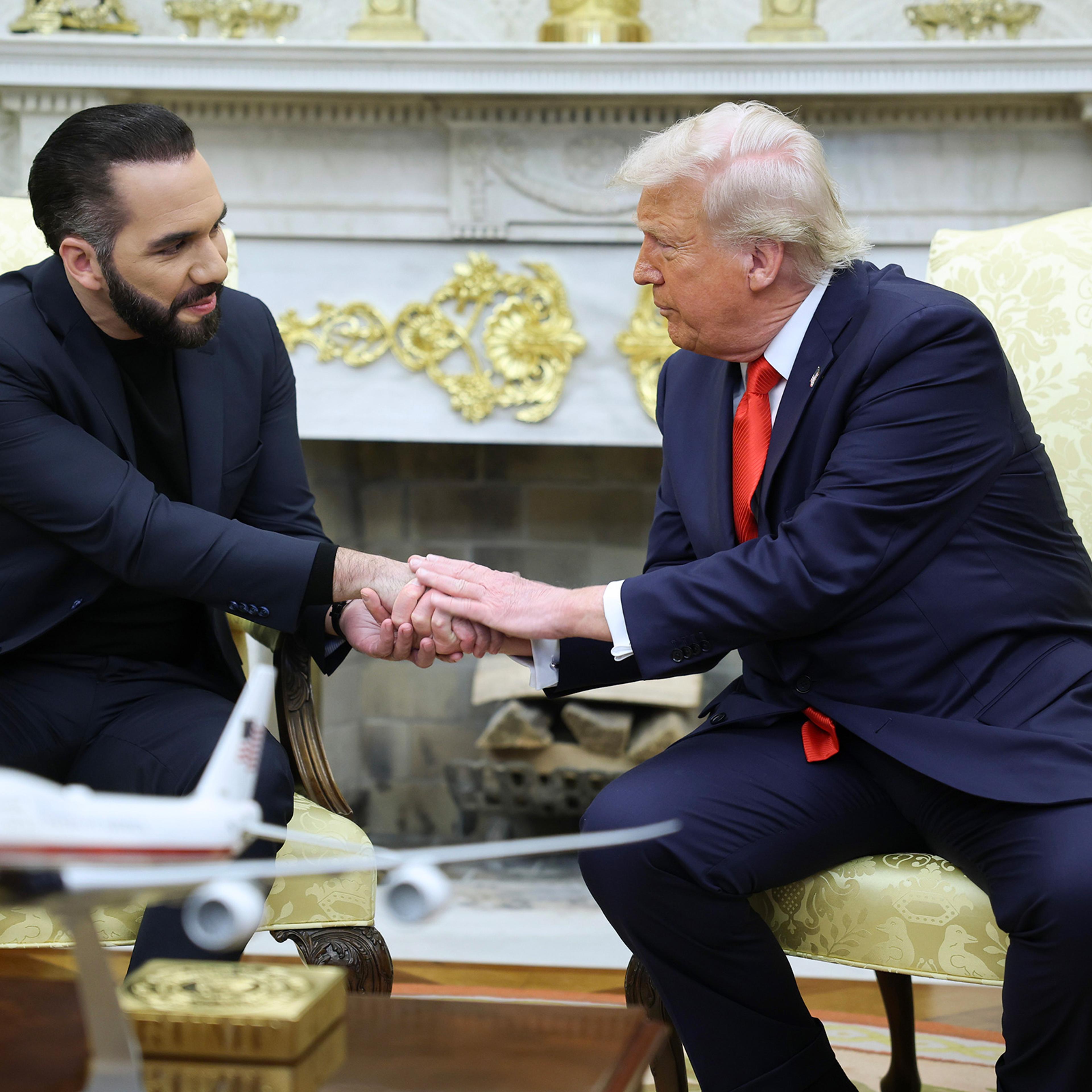 U.S. President Donald Trump meets with President Nayib Bukele of El Salvador in the Oval Office of the White House in Washington, DC on April 14, 2025.