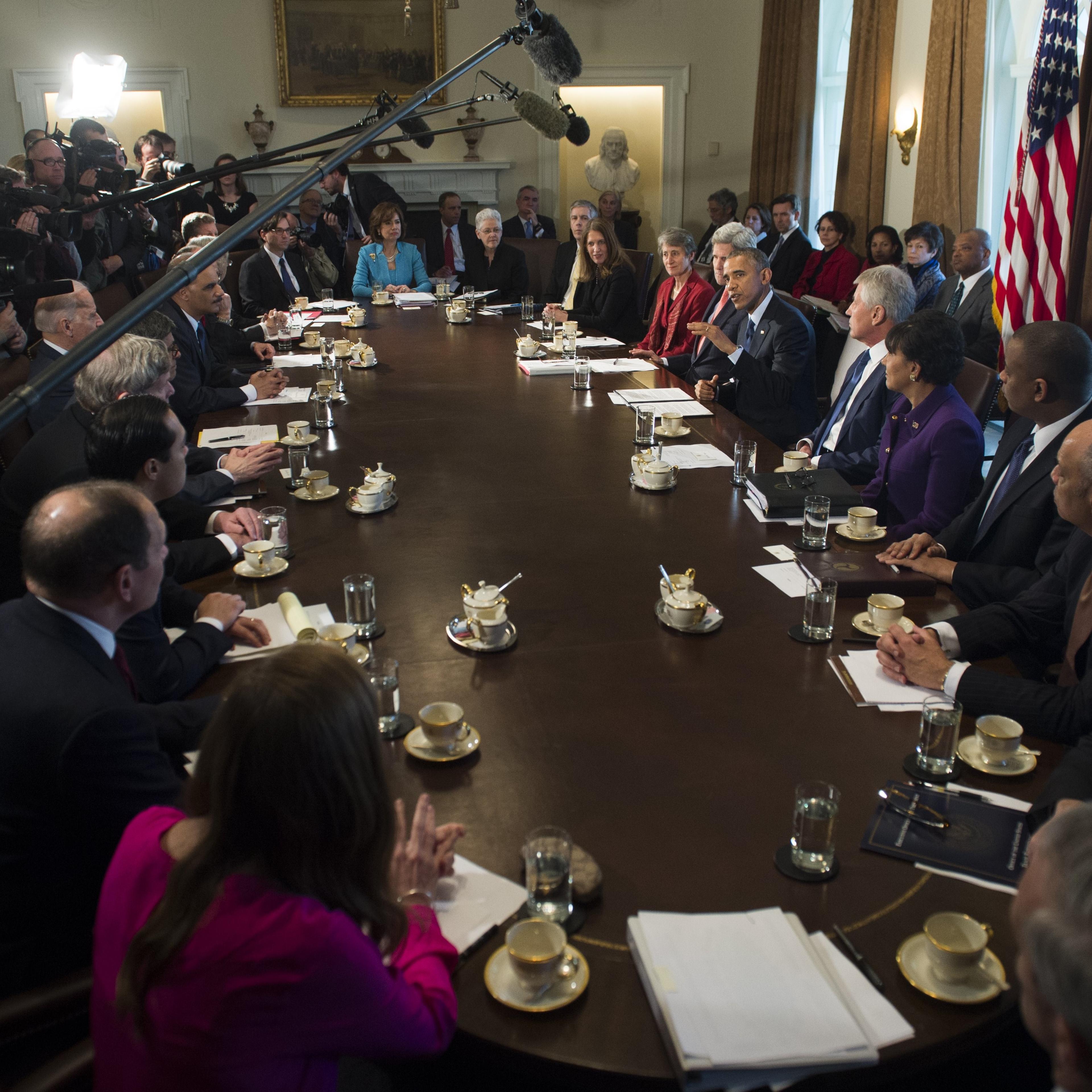 US President Barack Obama speaks during a Cabinet Meeting in the Cabinet Room of the White House in Washington on Feb. 3, 2015.