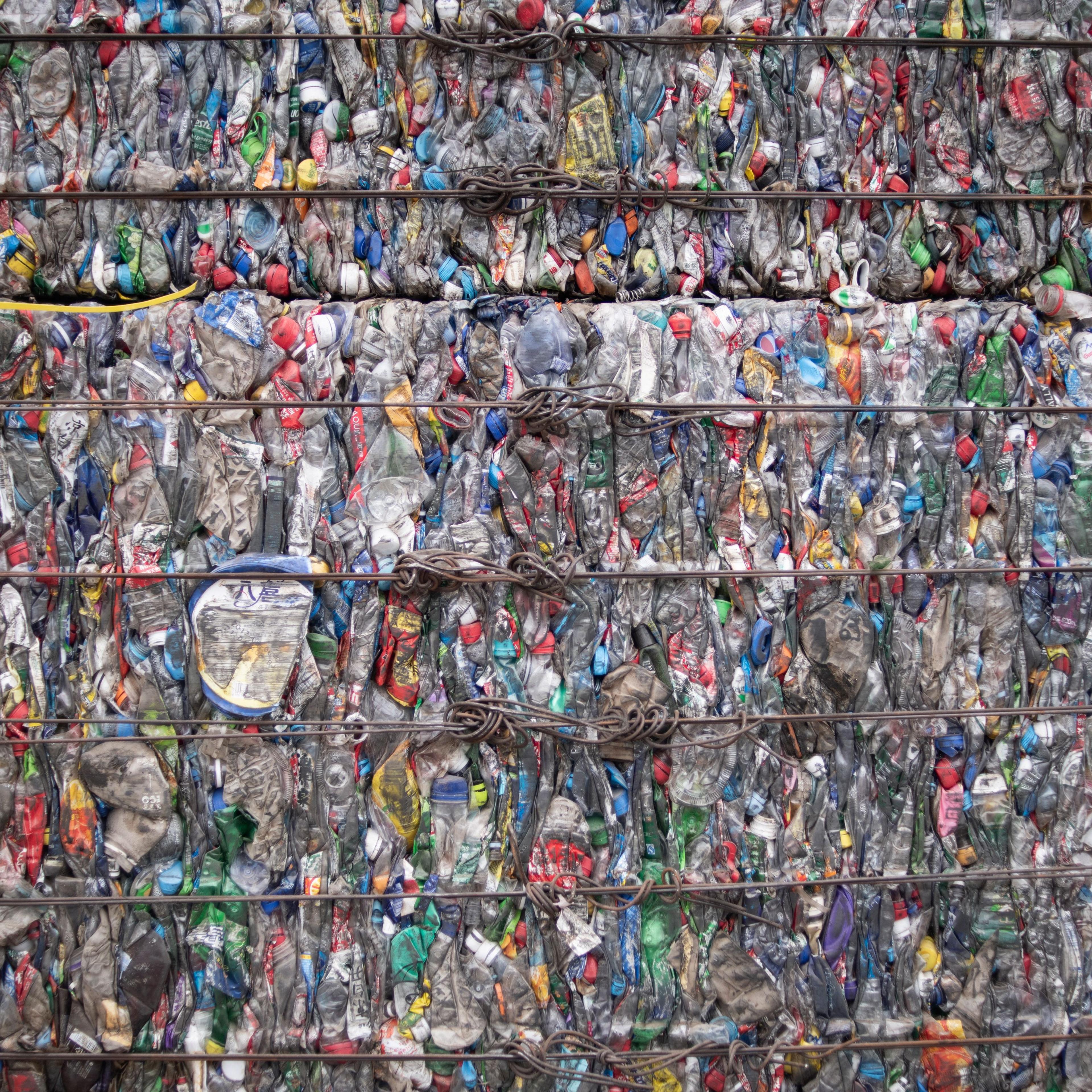 A block of compressed plastic bottles at a plastic waste center on the outskirts of Beijing on May 16, 2018.