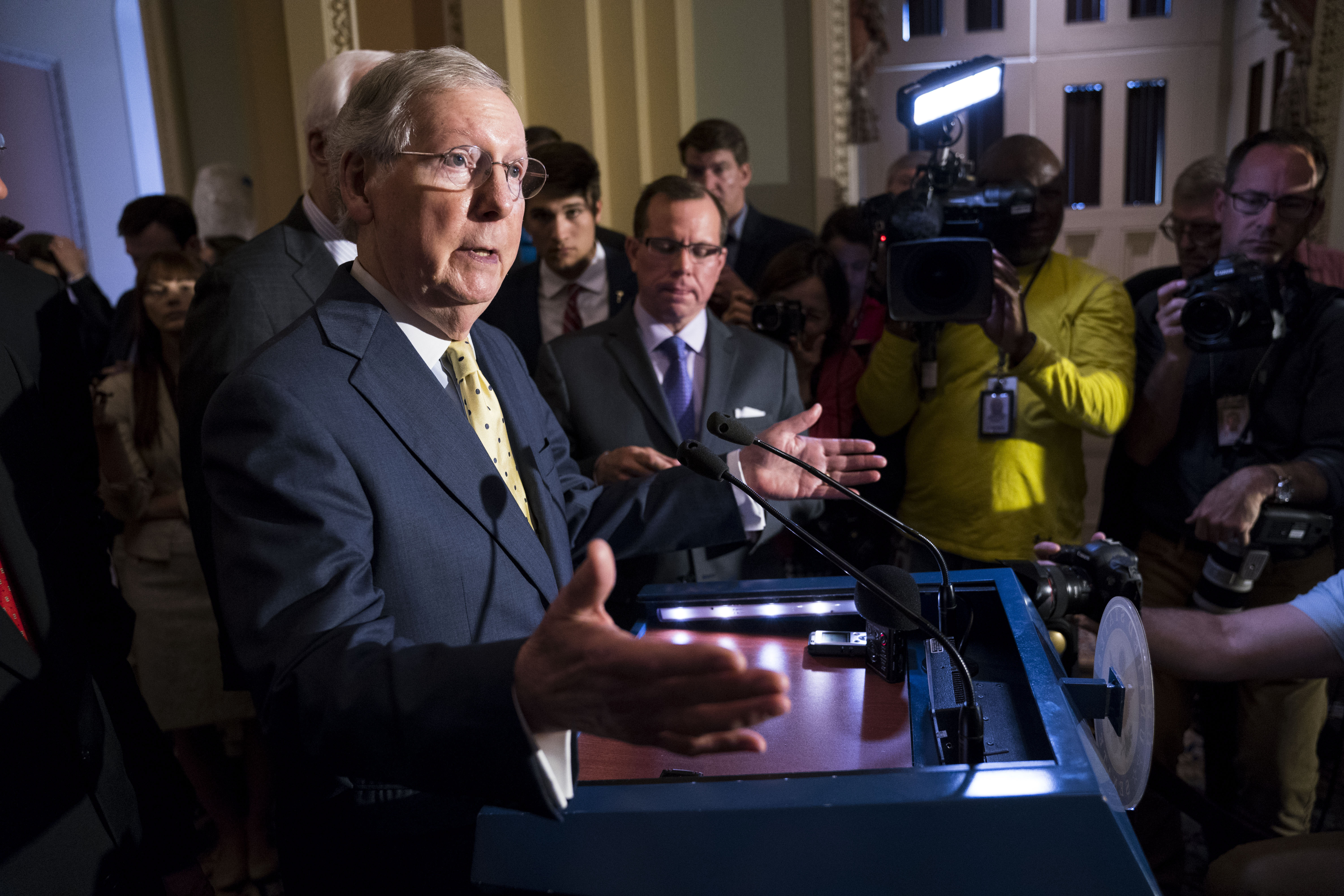 Senate Majority Leader Mitch McConnell (R-Ky.) during a news conference following the weekly Senate Republican policy luncheon on Capitol Hill in Washington.