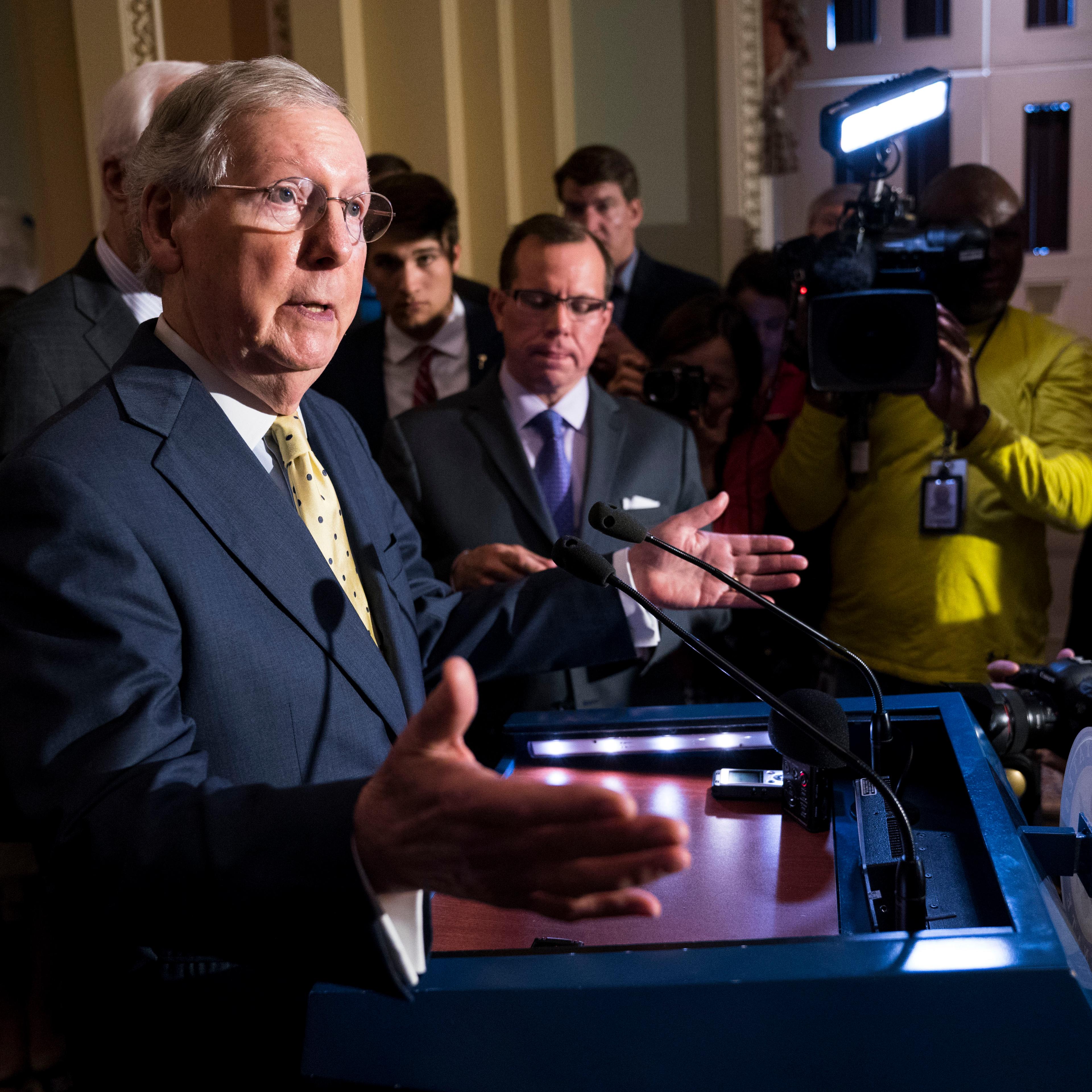Senate Majority Leader Mitch McConnell (R-Ky.) during a news conference following the weekly Senate Republican policy luncheon on Capitol Hill in Washington.