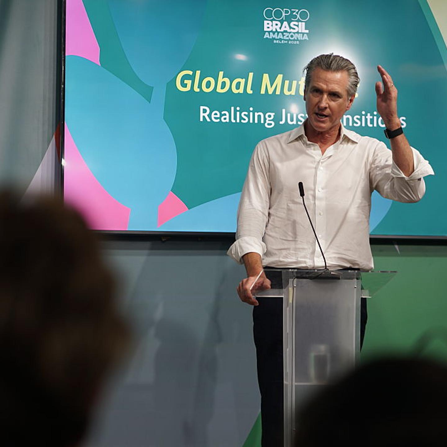 California Governor Gavin Newsom speaks at the COP30 World Climate Conference in the German pavilion.