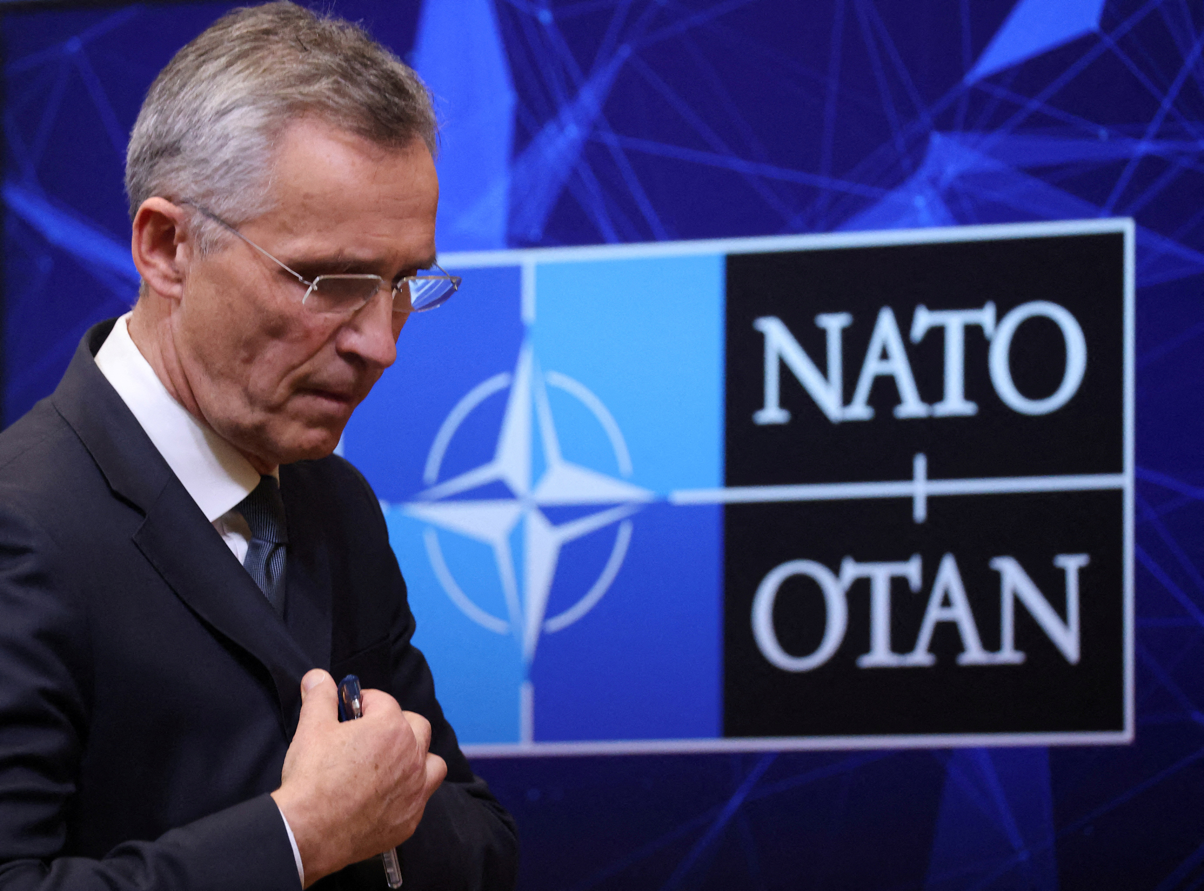 NATO Secretary General Jens Stoltenberg holds a news conference on Russia's attack on Ukraine in Brussels on Feb. 24