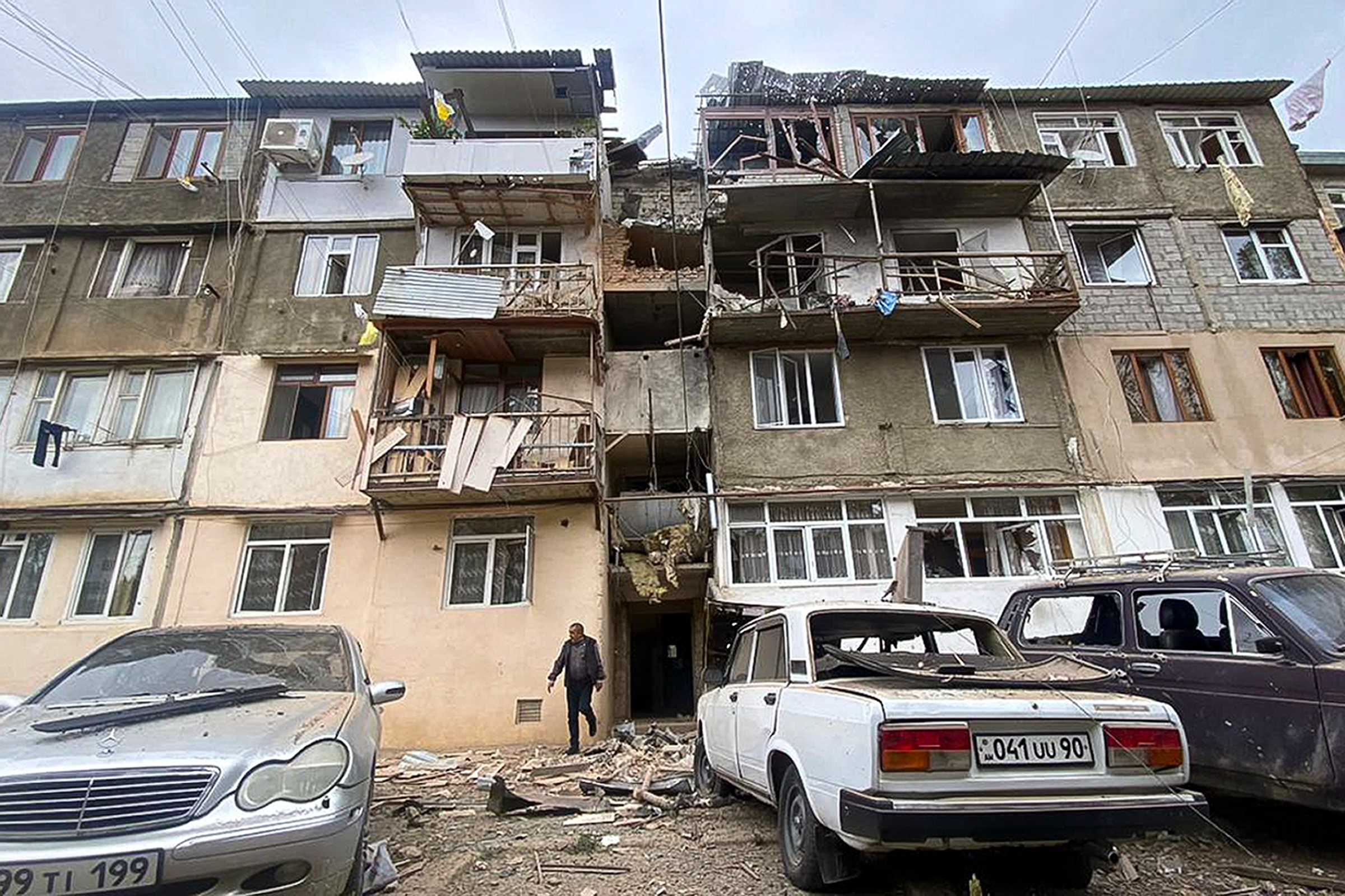 A damaged residential apartment building following shelling in Stepanakert, Nagorno-Karabakh, on Sept. 19. Azerbaijan on Tuesday declared that it started what it called an "anti-terrorist operation" targeting Armenian military positions in the Nagorno-Ka