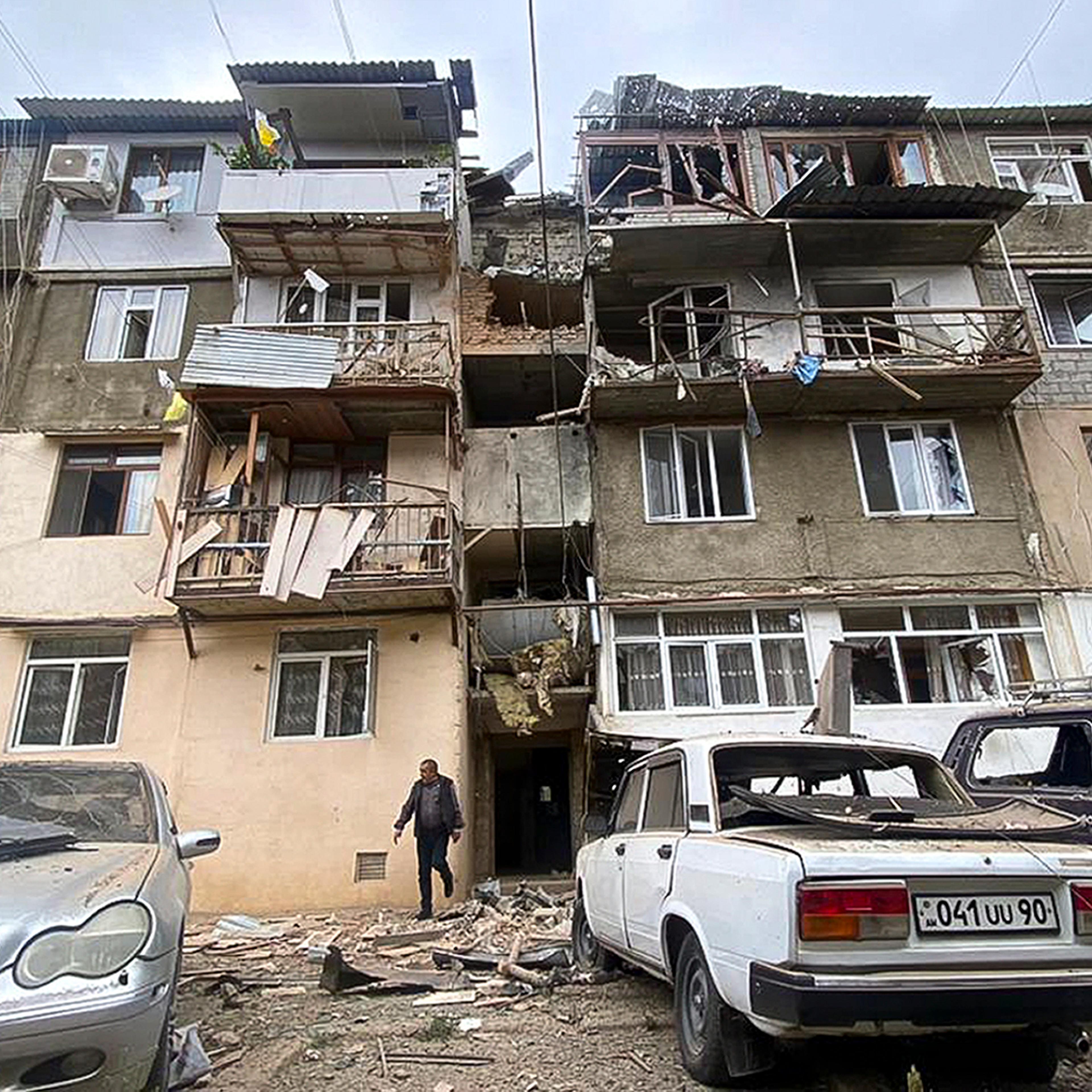 A damaged residential apartment building following shelling in Stepanakert, Nagorno-Karabakh, on Sept. 19. Azerbaijan on Tuesday declared that it started what it called an "anti-terrorist operation" targeting Armenian military positions in the Nagorno-Ka