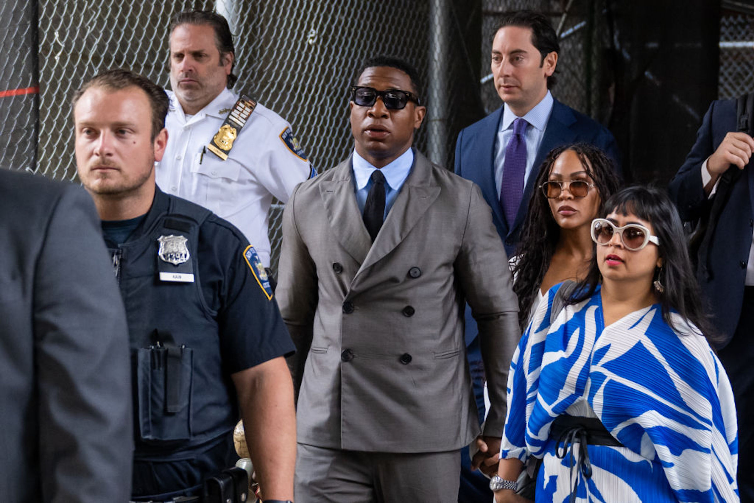 Jonathan Majors, and his girlfriend, Meagan Good, flanked by his lawyer Priya Chaudhry, arrive to Manhattan Criminal court for his pre trial hearing on August 03, 2023.