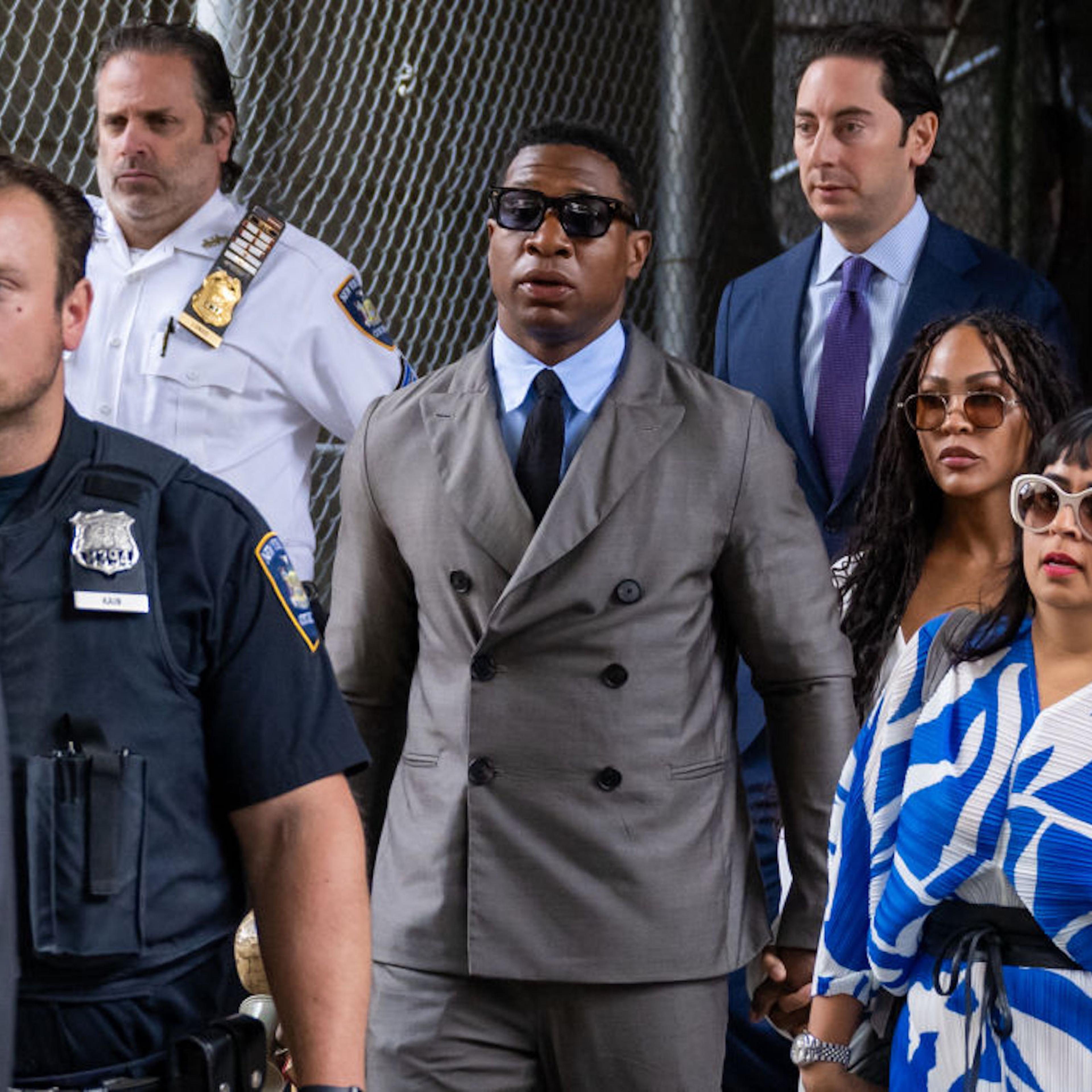 Jonathan Majors, and his girlfriend, Meagan Good, flanked by his lawyer Priya Chaudhry, arrive to Manhattan Criminal court for his pre trial hearing on August 03, 2023.