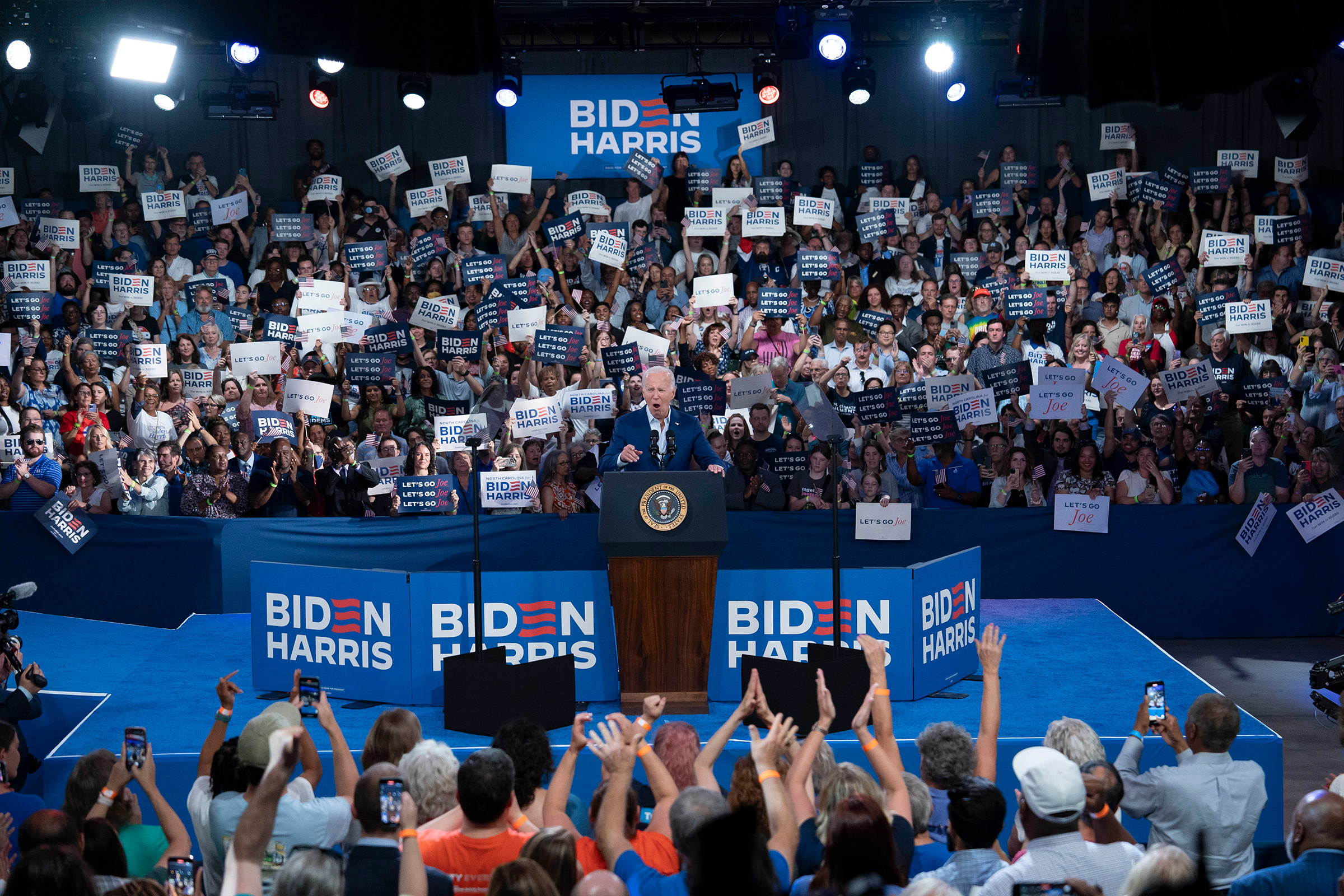 U.S. President Joe Biden speaks at a post-debate campaign rally on June 28 in Raleigh, NC