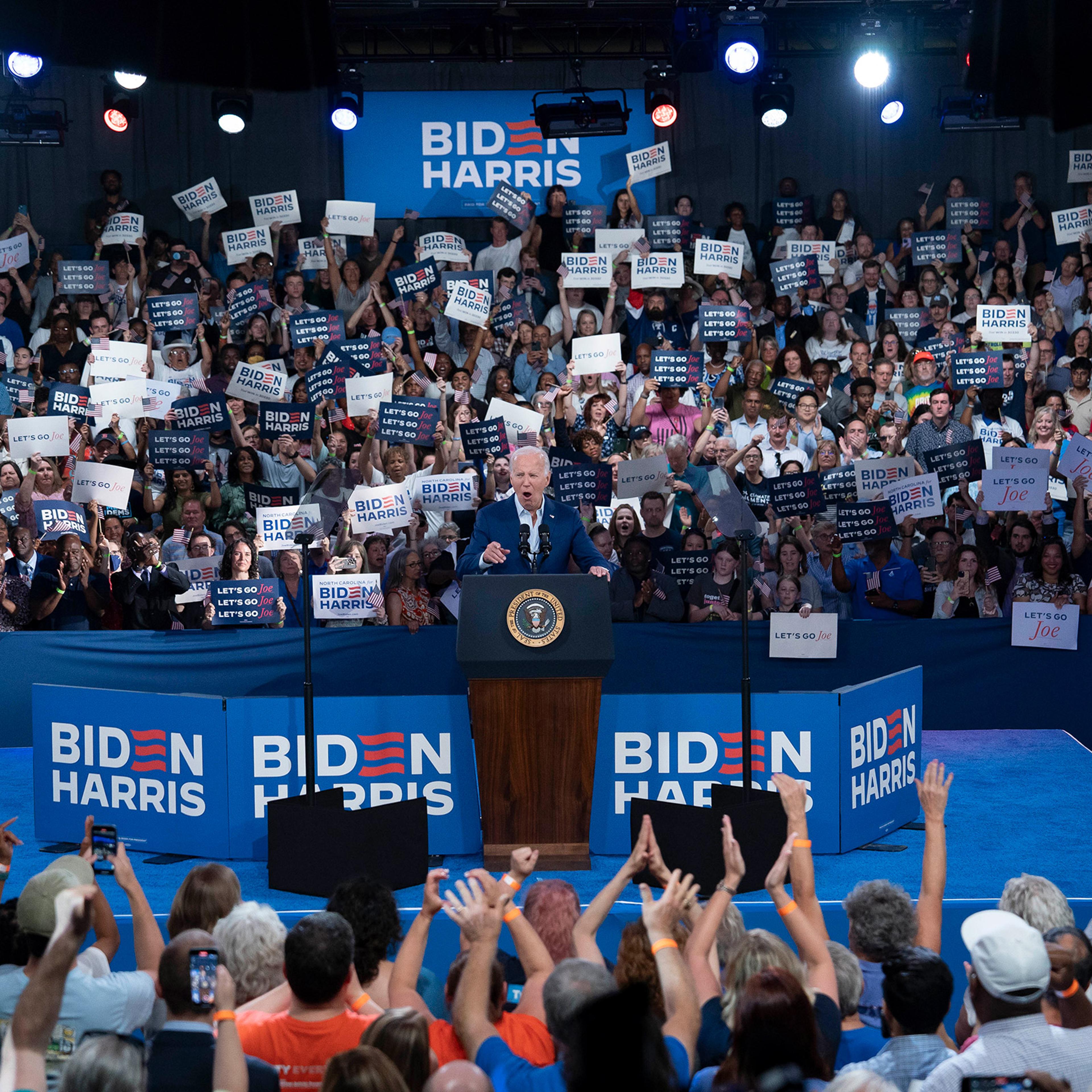 U.S. President Joe Biden speaks at a post-debate campaign rally on June 28 in Raleigh, NC