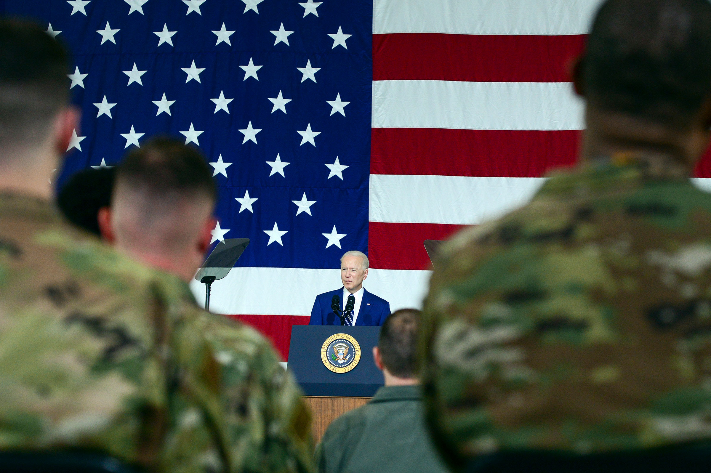 President Joe Biden addresses service members on Friday, May 28, 2021, at Joint Base Langley-Eustis in Hampton, Va. (Kenny Holston/The New York Times)