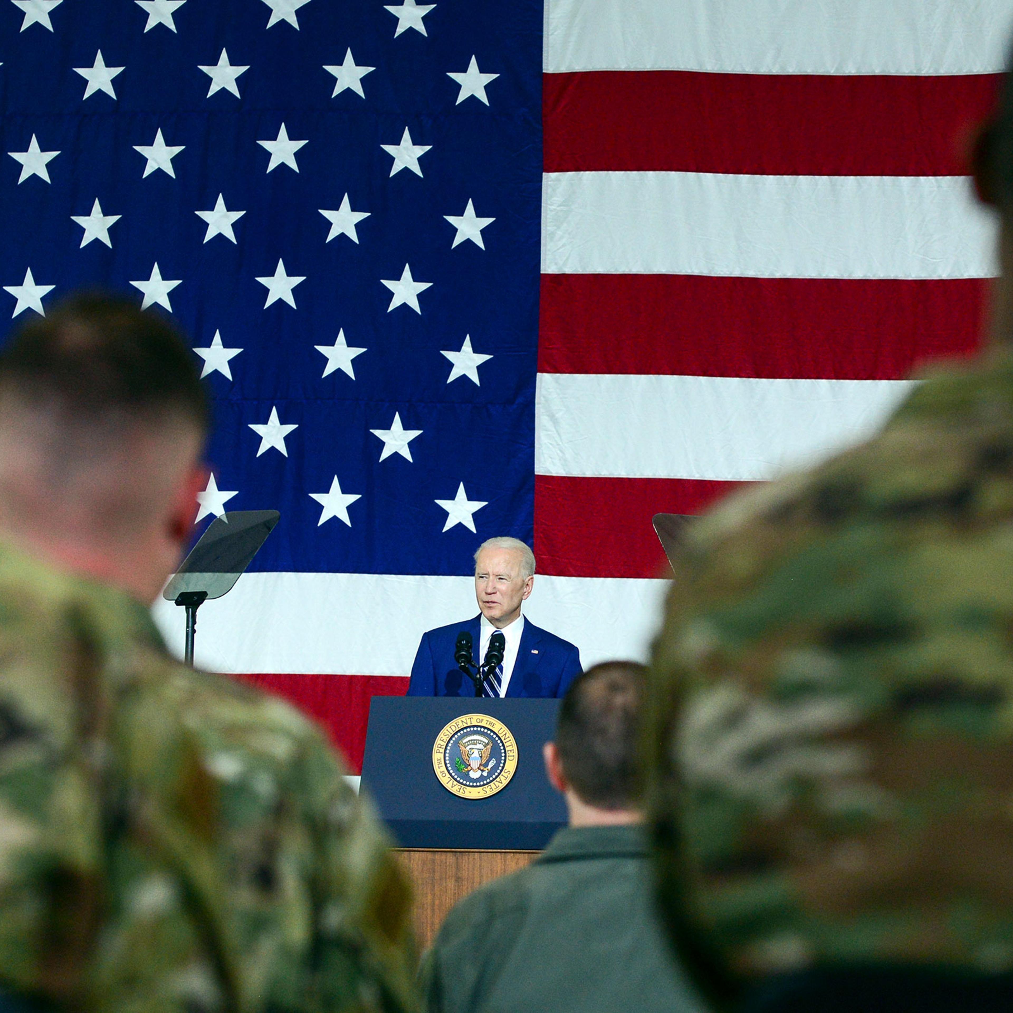 President Joe Biden addresses service members on Friday, May 28, 2021, at Joint Base Langley-Eustis in Hampton, Va. (Kenny Holston/The New York Times)