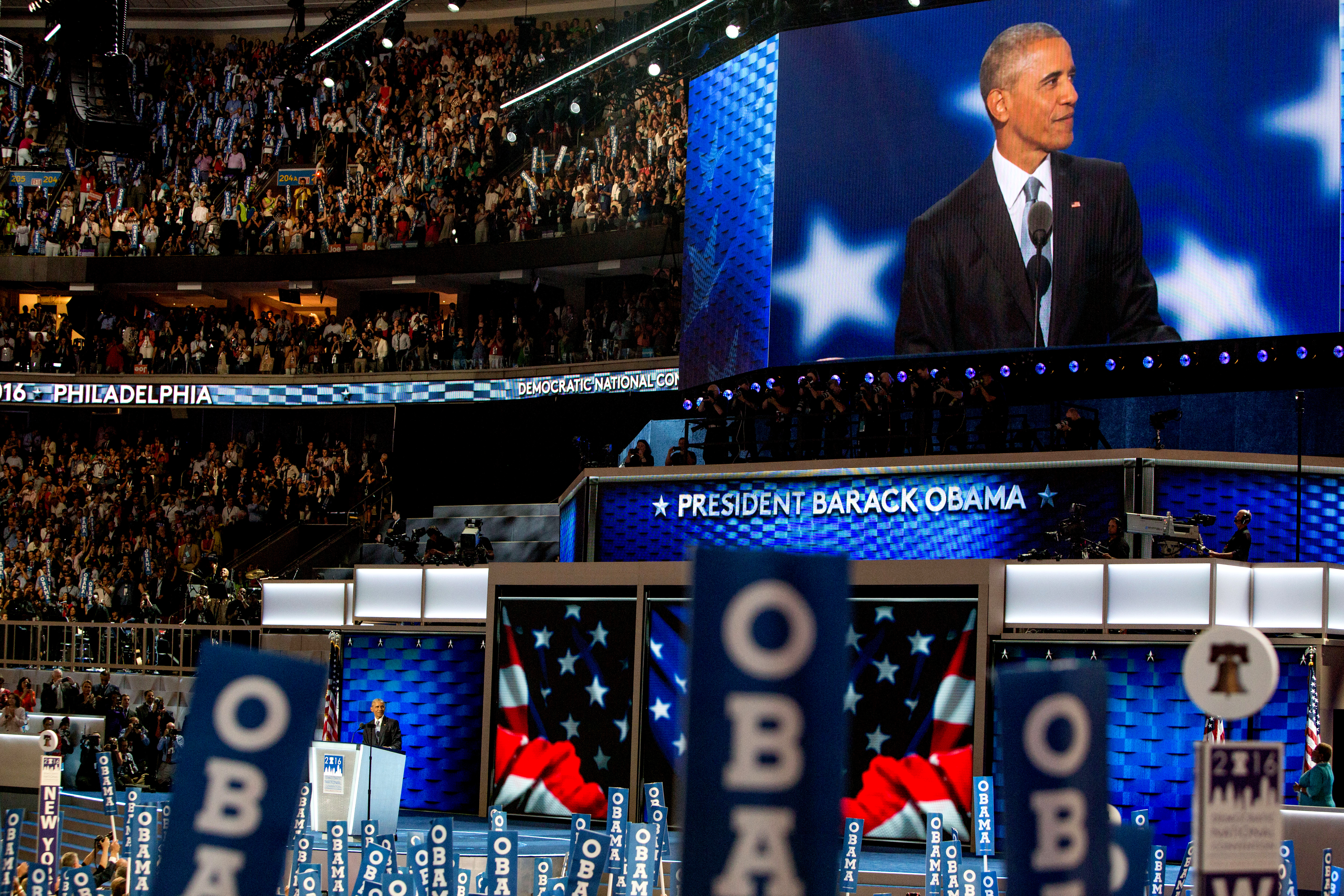 President Barack Obama addressed the Democratic National Convention at the Wells Fargo Center on July 27, 2016 in Philadelphia.(Natalie Keyssar for TIME)