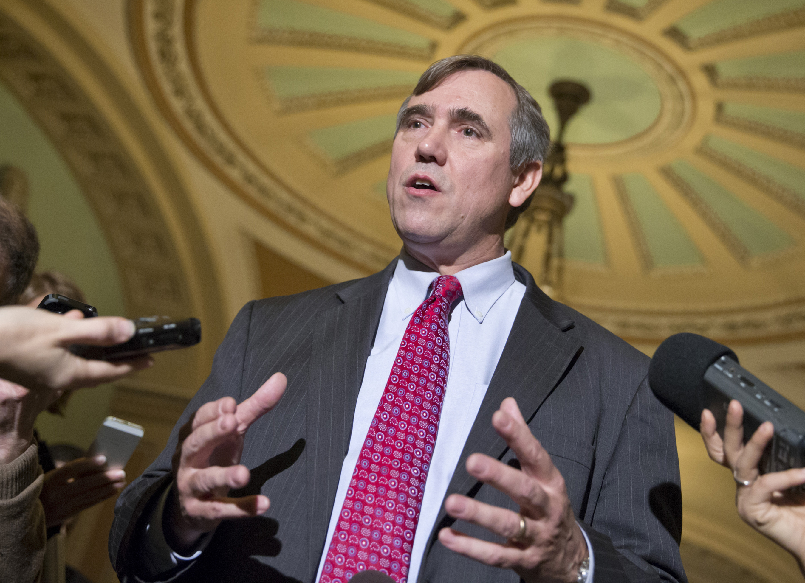 Sen. Jeff Merkley, D-Ore., defends the Senate Democrats vote to weaken filibusters and make it harder for Republicans to block confirmation of the president's nominees for judges and other top posts, on Capitol Hill in Washington on Nov. 21, 2013.