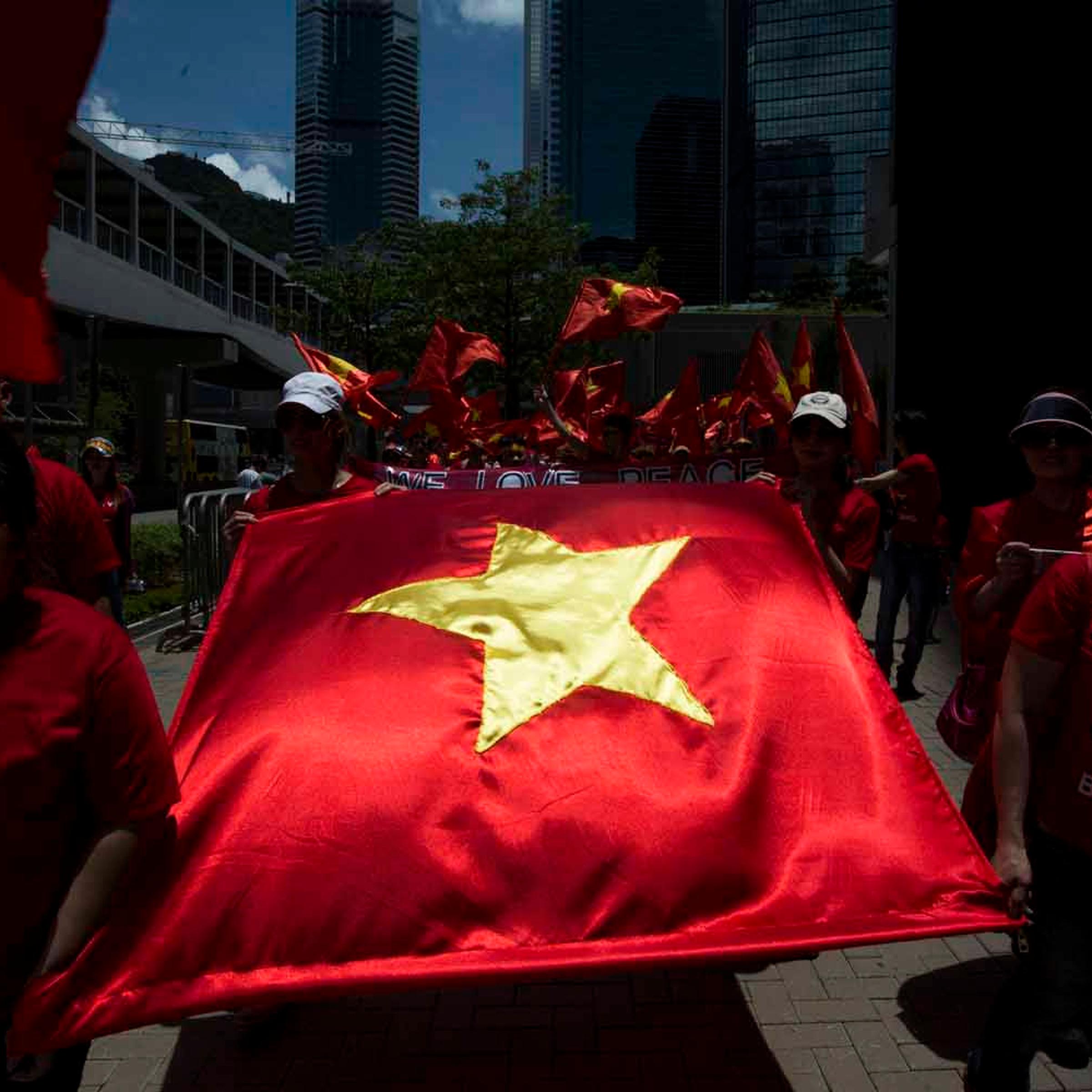 Hong Kong based Vietnamese demonstrators carry Vietnam's flag during a protest against China's territory claim in Hong Kong