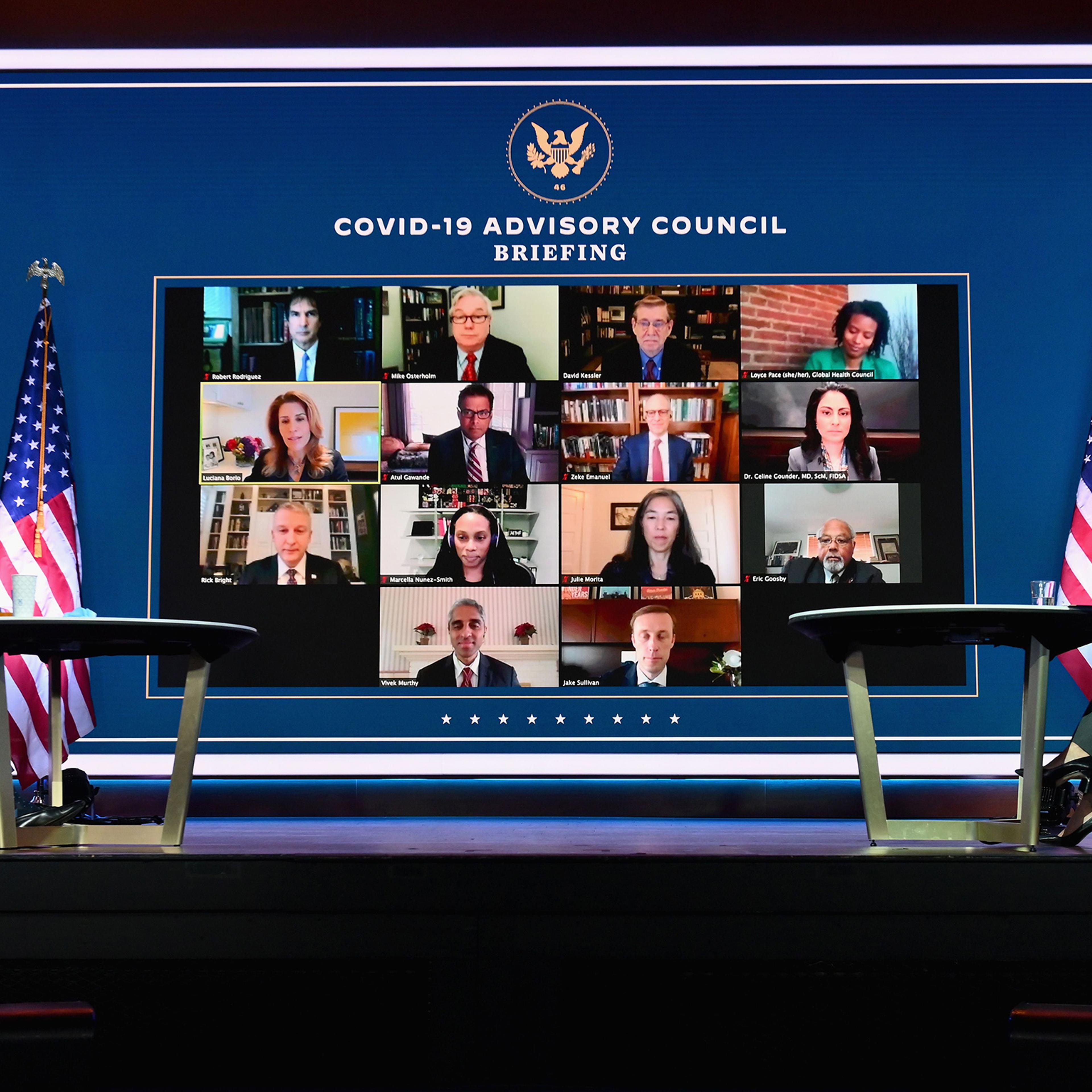 US President-elect Joe Biden and US Vice President-elect Kamala Harris speak virtually with the Covid-19 Advisory Council during a briefing at The Queen theatre on Nov. 9 in Wilmington, Del.
