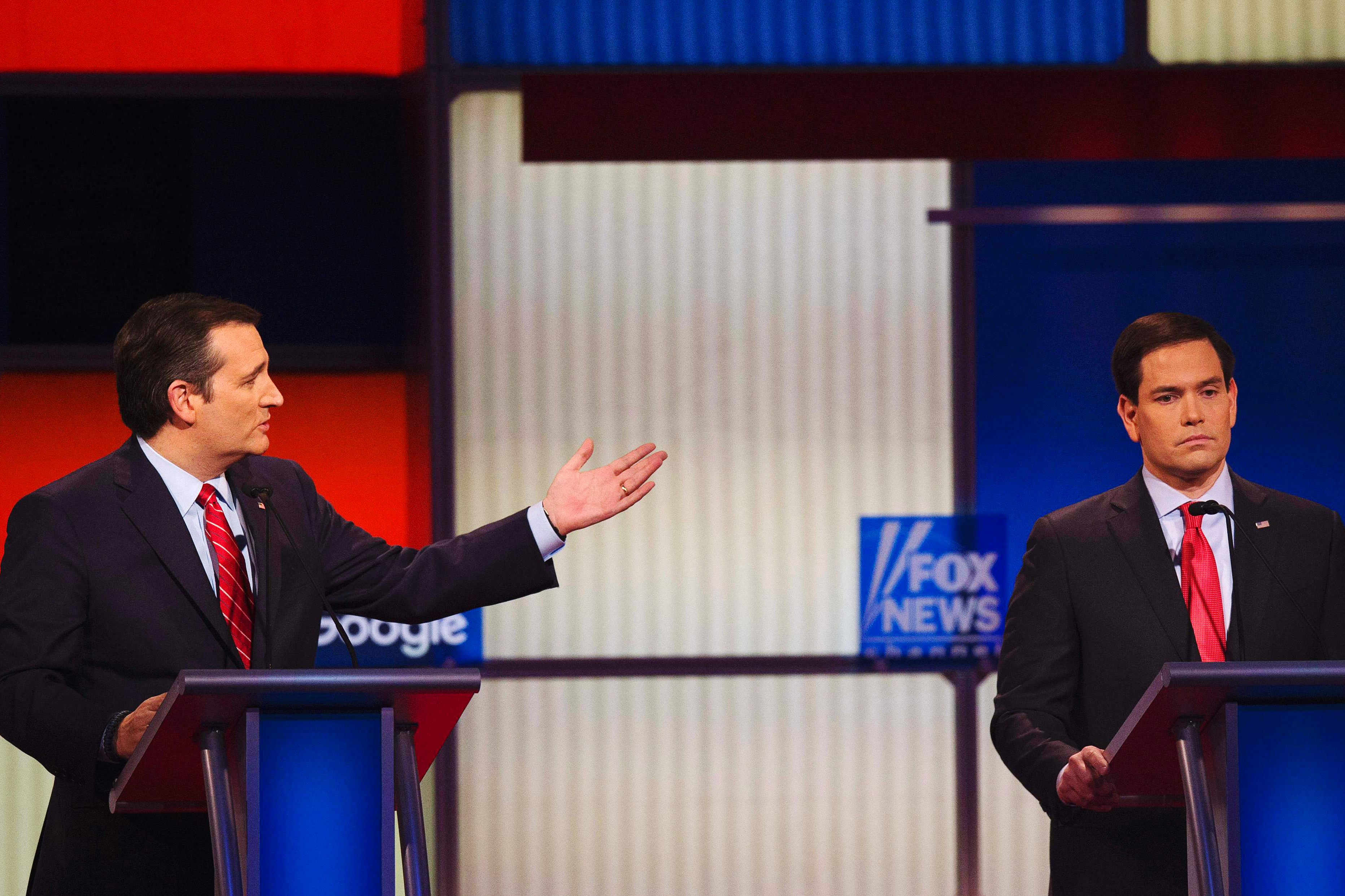 Republican Presidential candidates Florida Sen. Marco Rubio and Texas Senator Ted Cruz during the Republican presidential debate Thursday, Jan. 28, 2016, in Des Moines, Iowa.